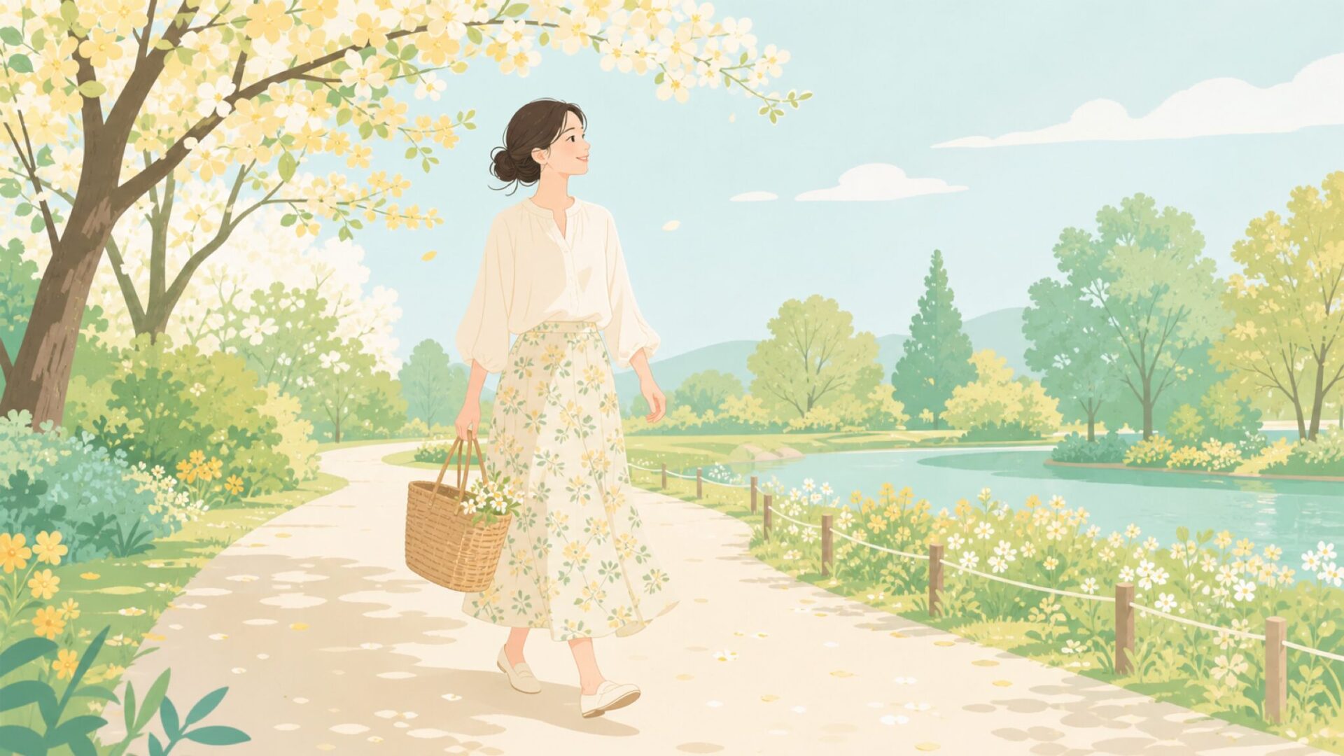 春夏のナチュラルカジュアルコーデの女性のフラットイラスト
