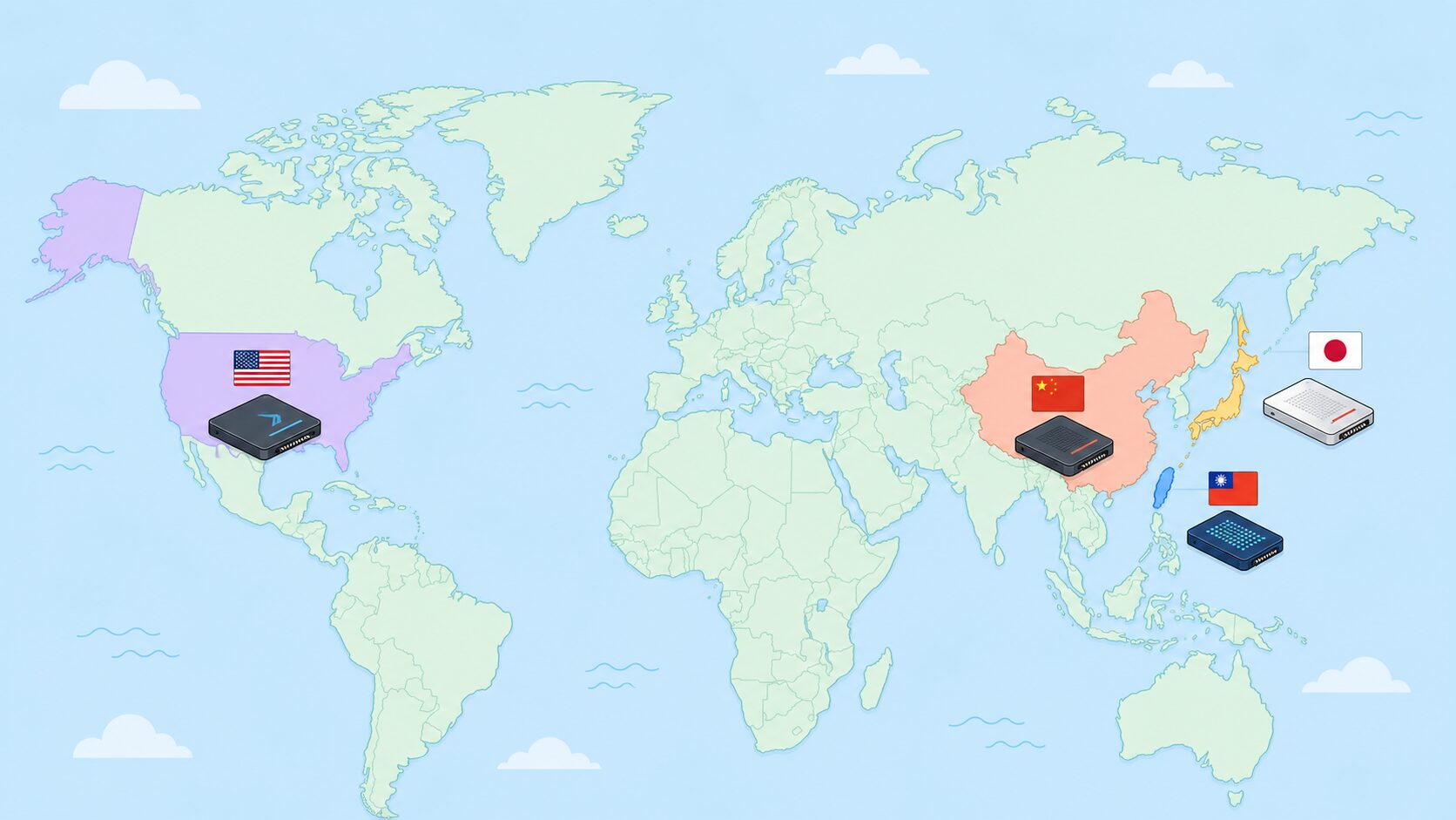 日本・台湾・中国・米国の国旗とSSDアイコンを示す世界地図のフラットイラスト