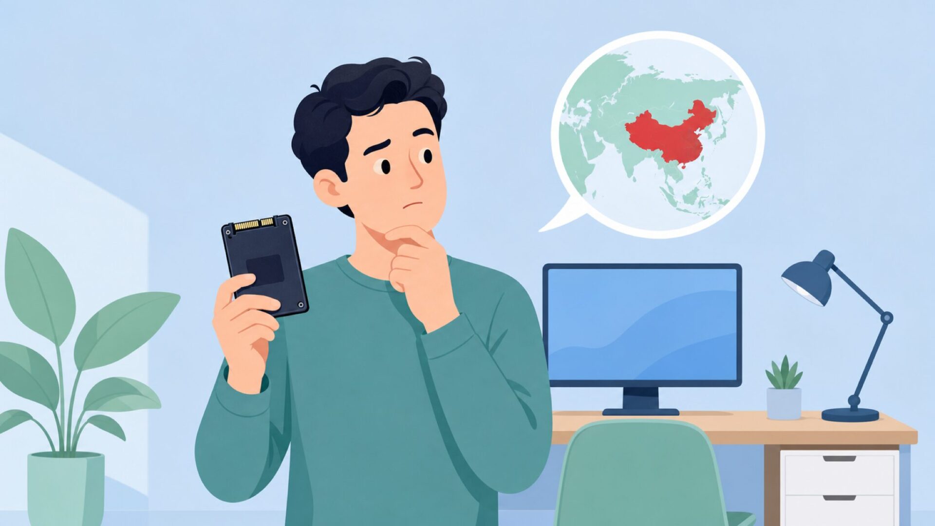 SSDを手に持ち中国を示す地図を見る30代男性のフラットイラスト