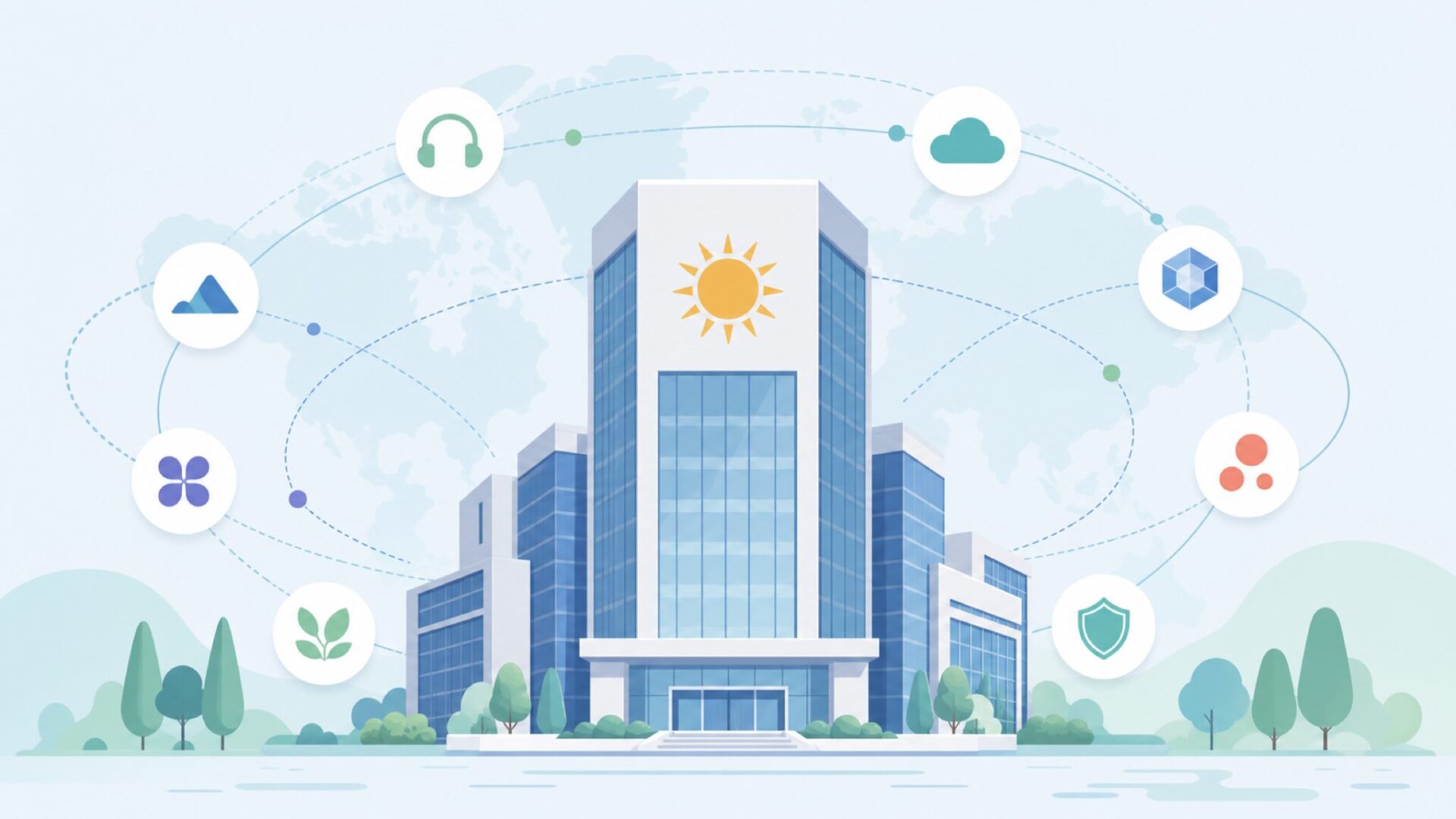 SunValleyグループの本社ビルと複数のブランドアイコンのイラスト