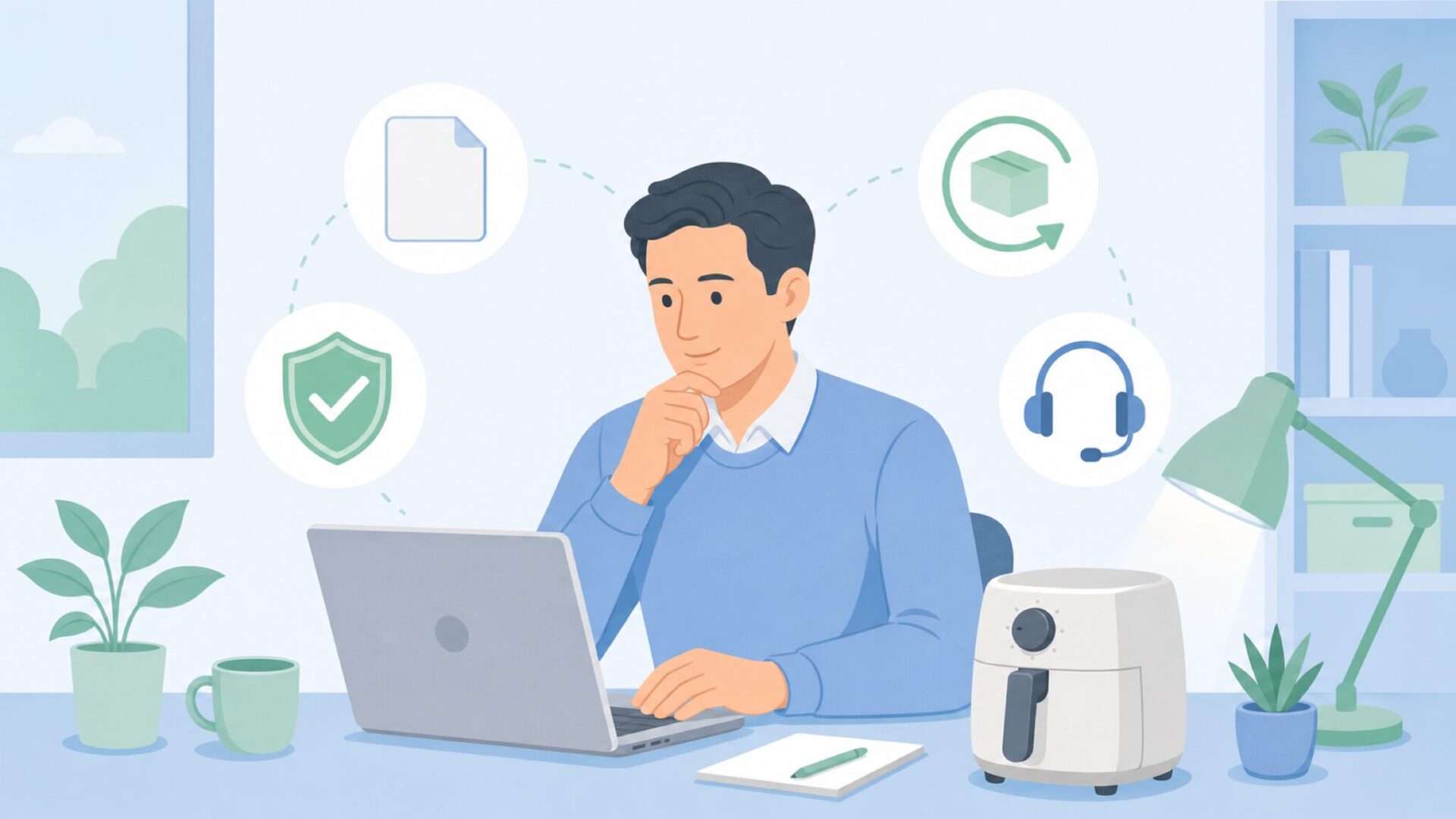 保証と返品条件を確認する人物