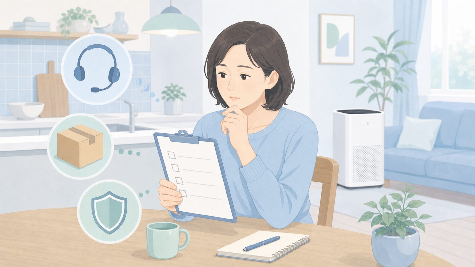 購入前のサポート項目を確認する人のイラスト