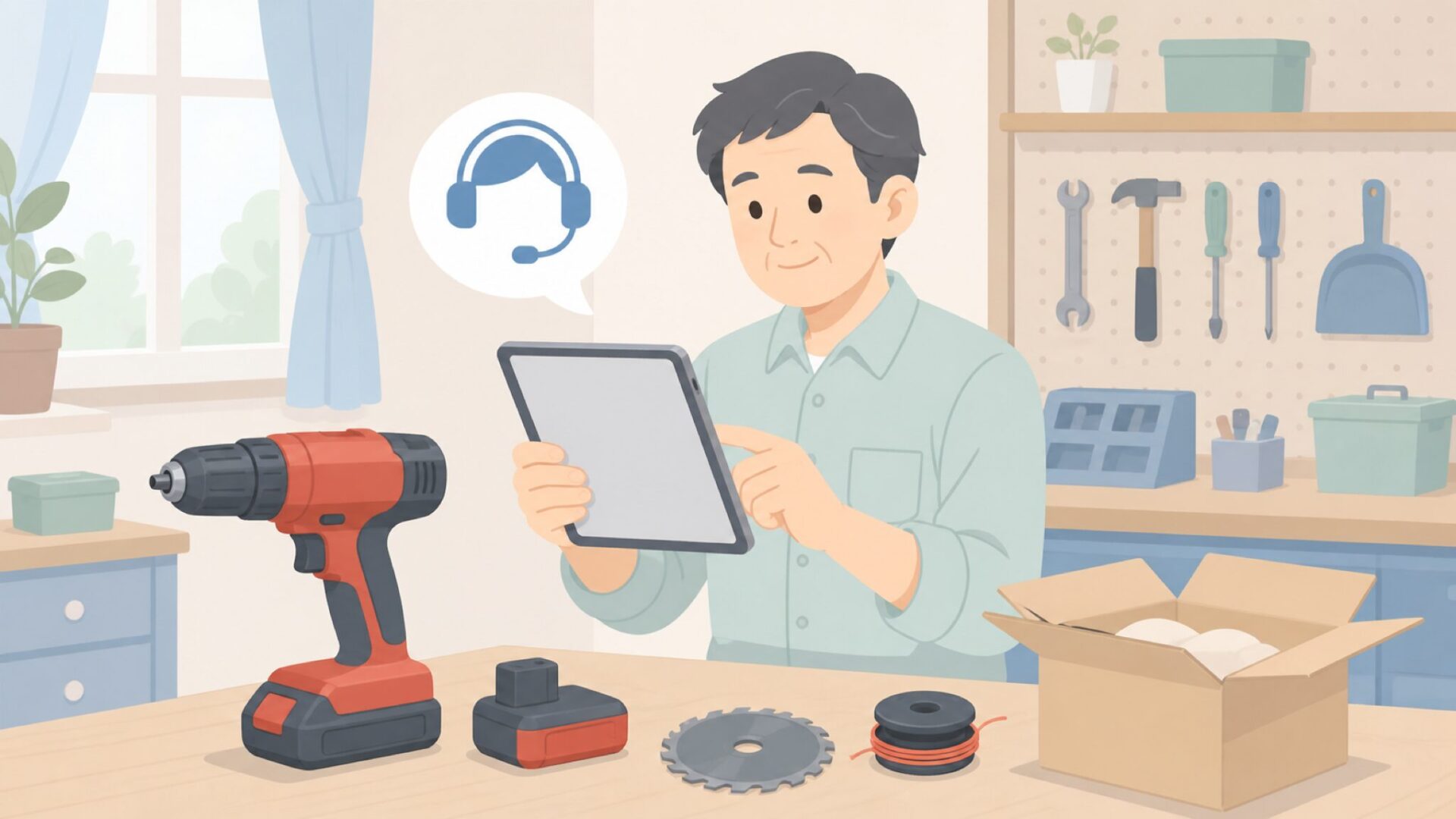 工具の部品とサポートを確認する様子