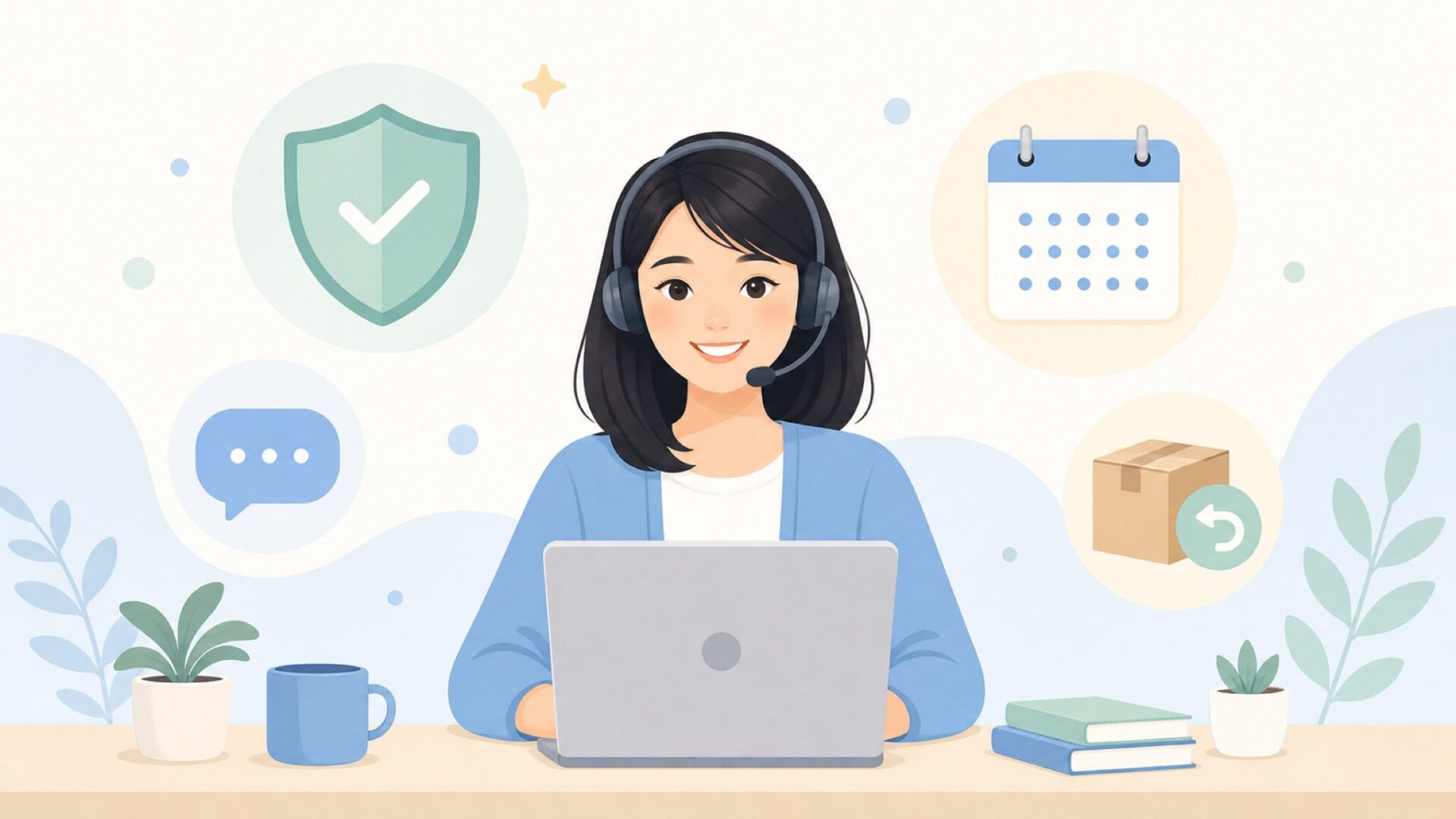 保証アイコンとともに笑顔で対応するカスタマーサポート担当者