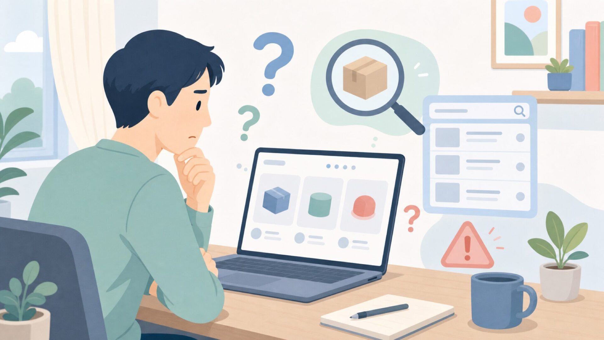 情報不足による不安を調べる人物のイラスト