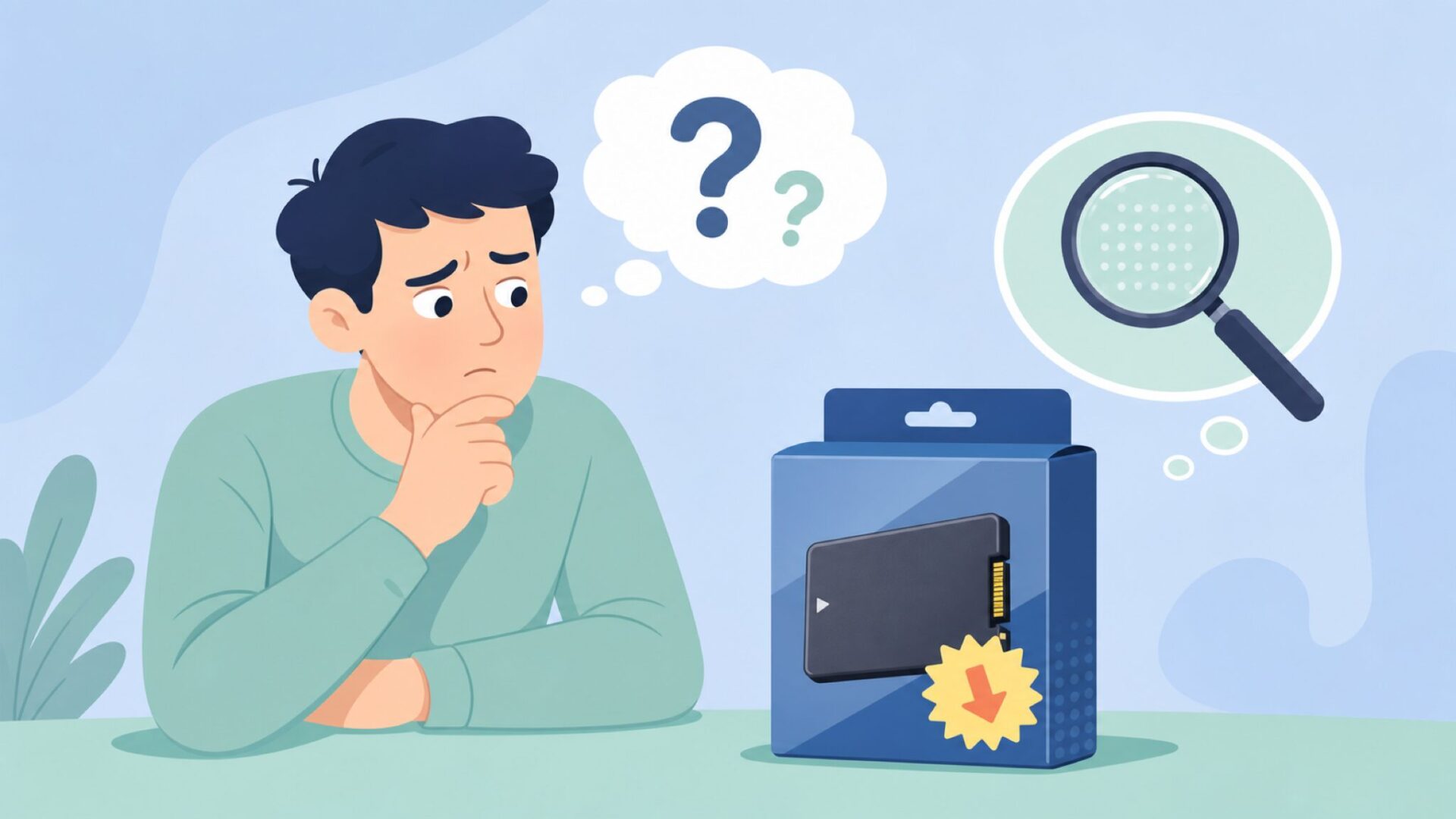 安いSSDの価格タグを疑い虫眼鏡で調べる消費者のフラットイラスト