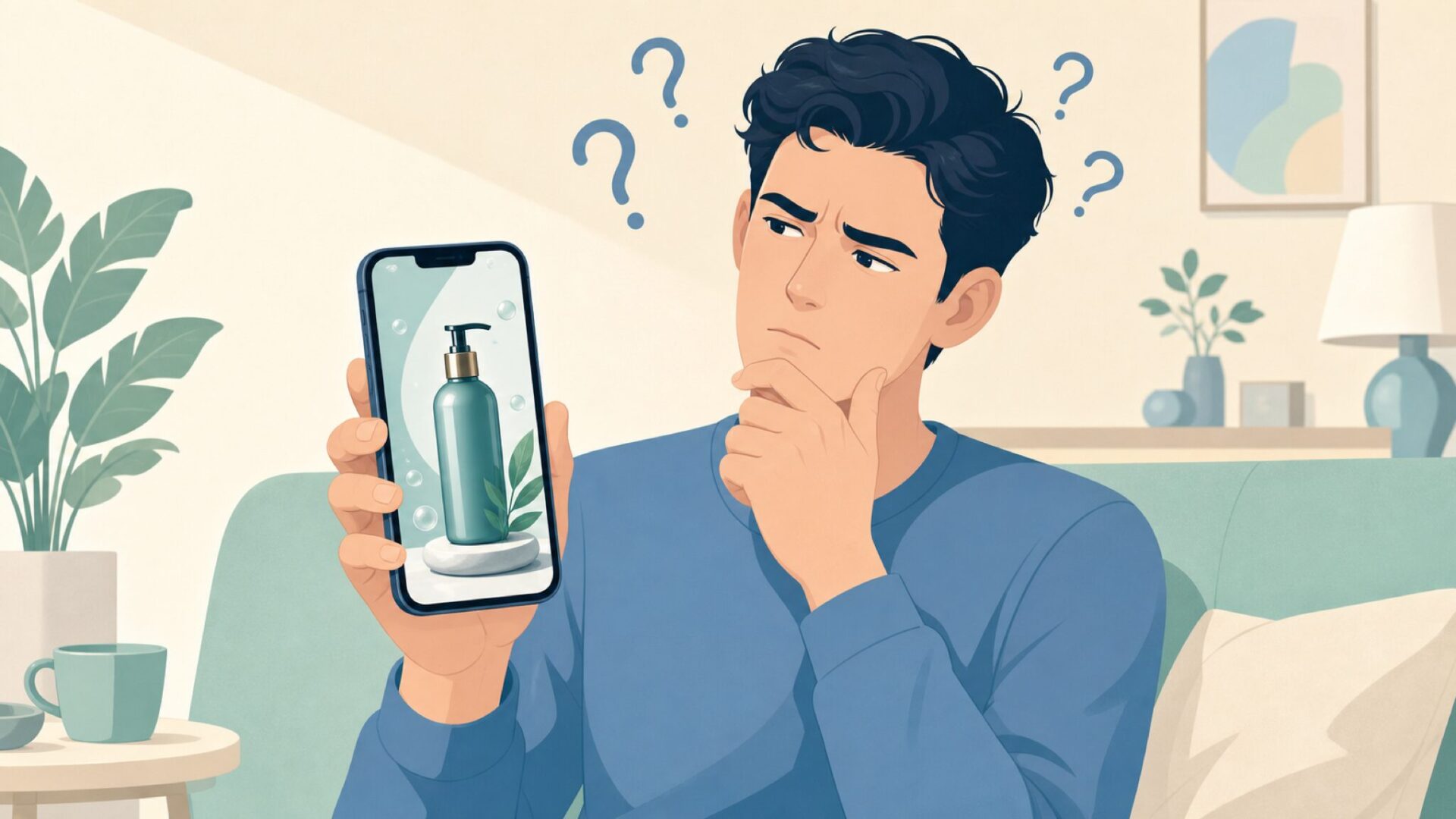 スマートフォンの広告を見て疑問を感じる男性のイラスト
