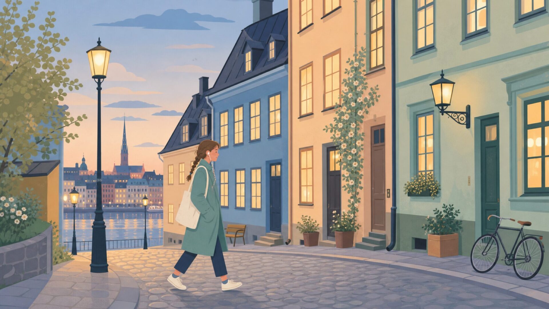 スウェーデンの街並みとイヤフォンをつけた人物のフラットイラスト