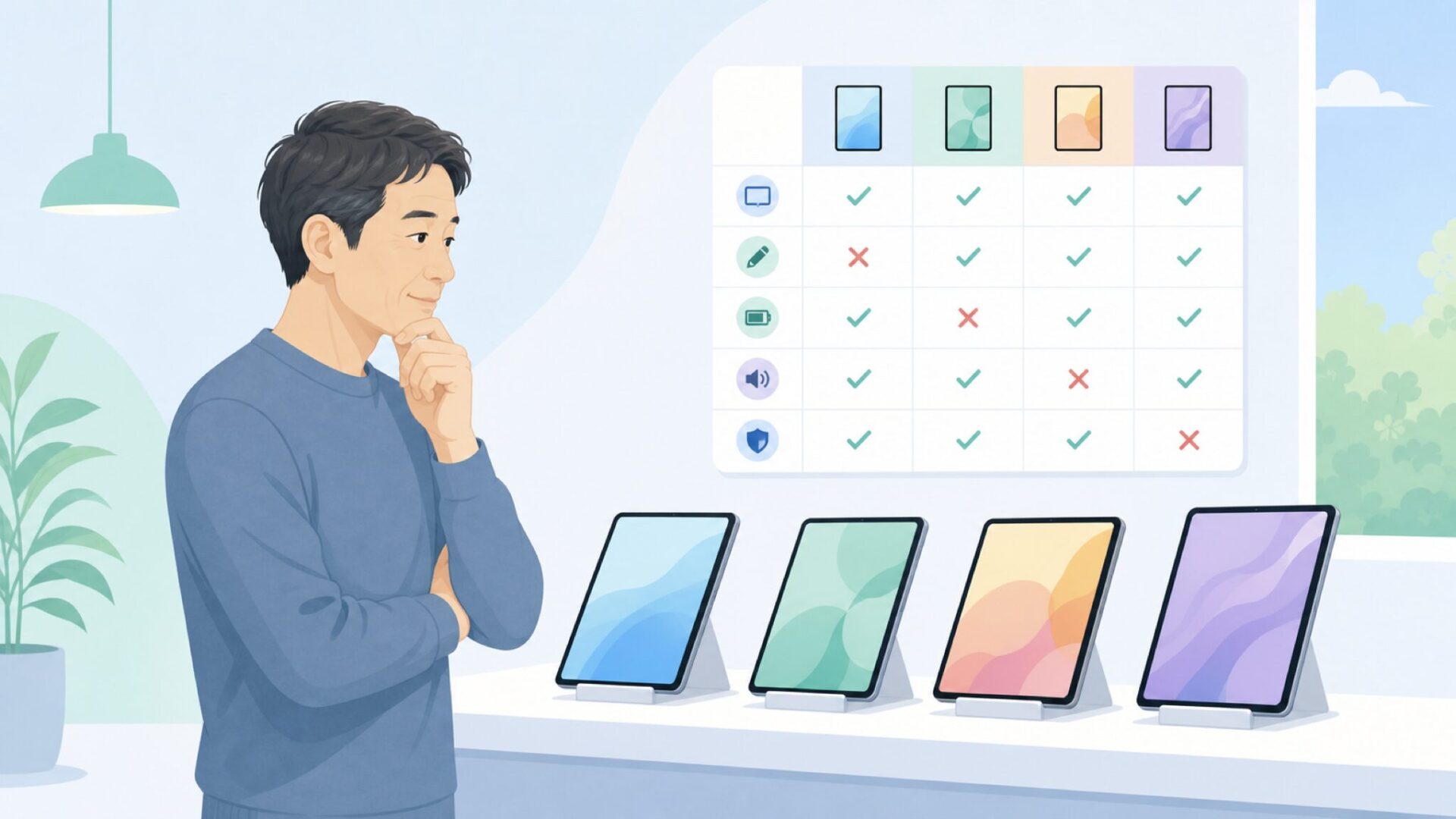 複数タブレットを並べて比較検討する40代日本人のフラットイラスト