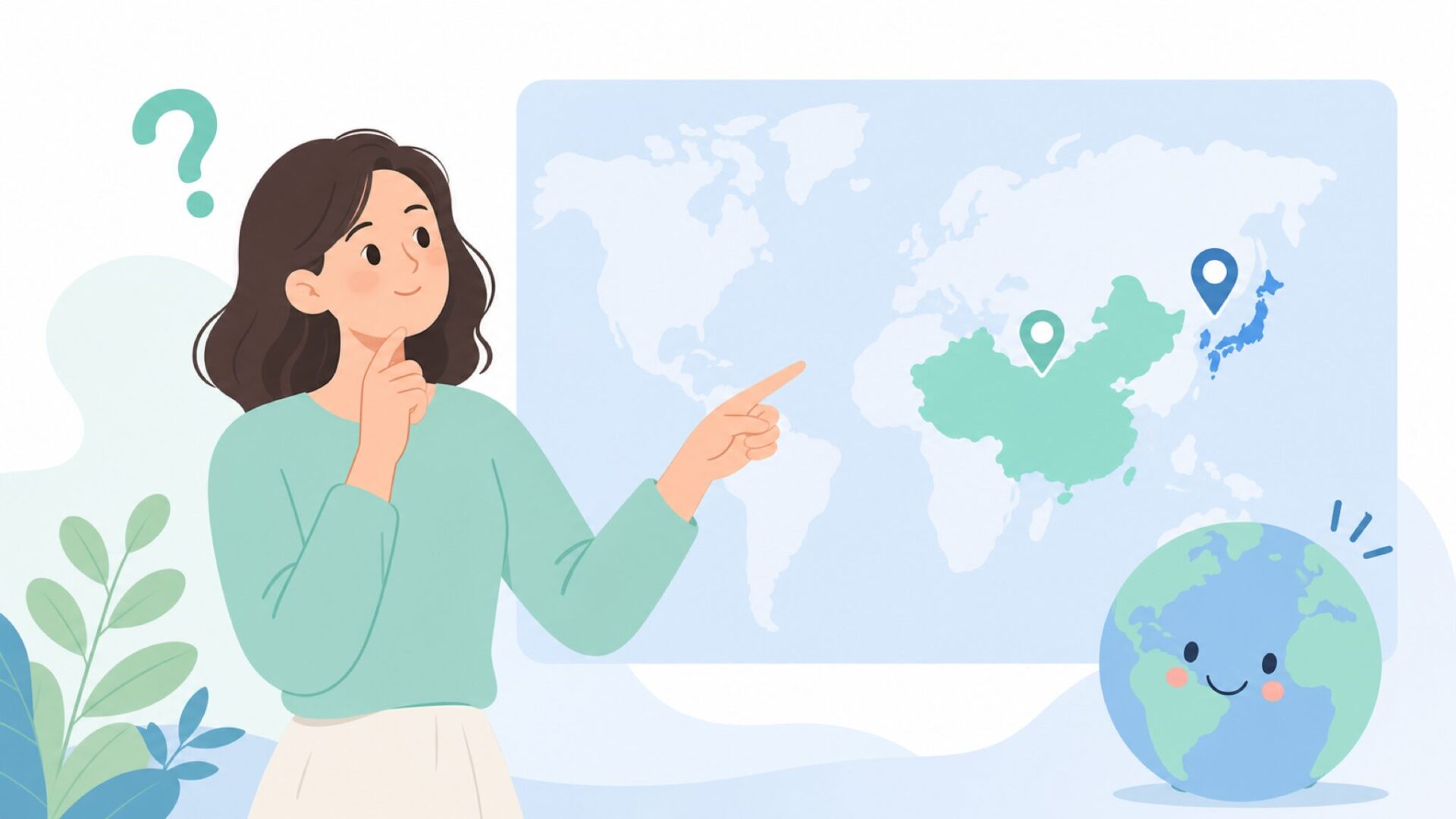 世界地図と日本・中国を指さす女性のイラスト