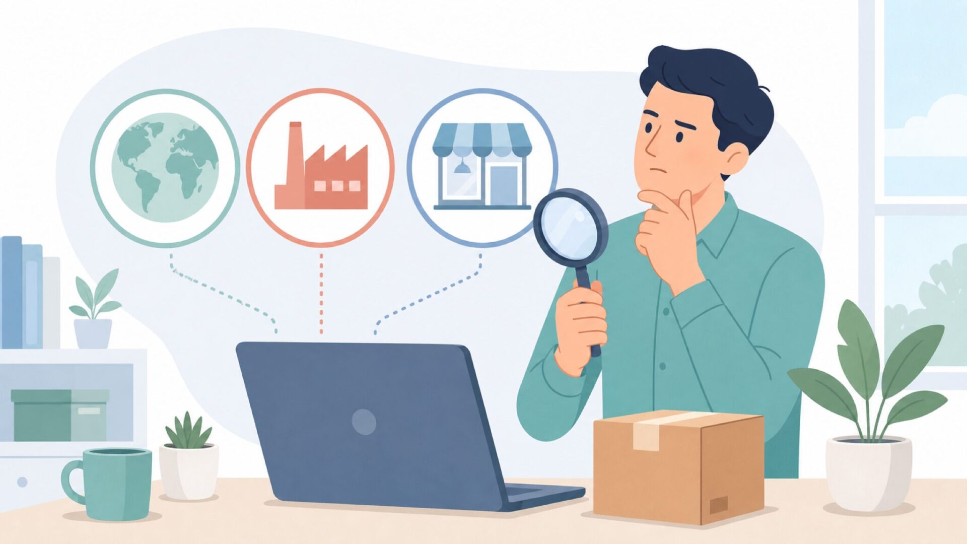 ブランドの国と製造国を確認する人のイラスト