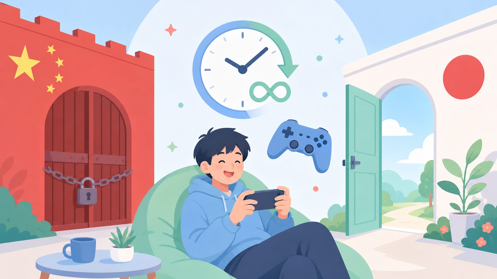中国の規制と日本での自由なゲームプレイを対比したイラスト