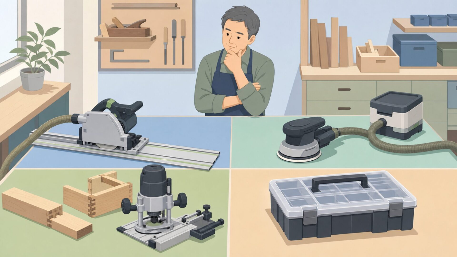 複数の工具ジャンルを比較する作業台のイラスト