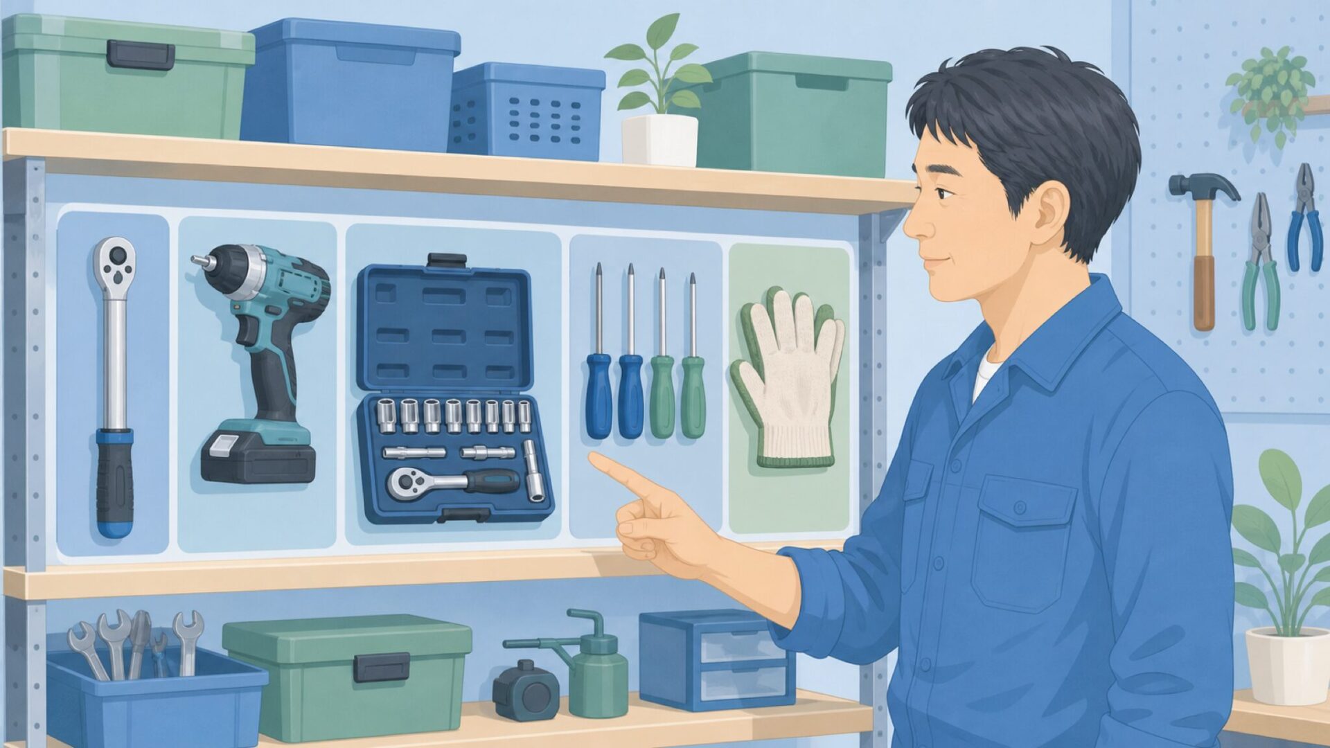 代表的な工具を棚で整理して選ぶ男性
