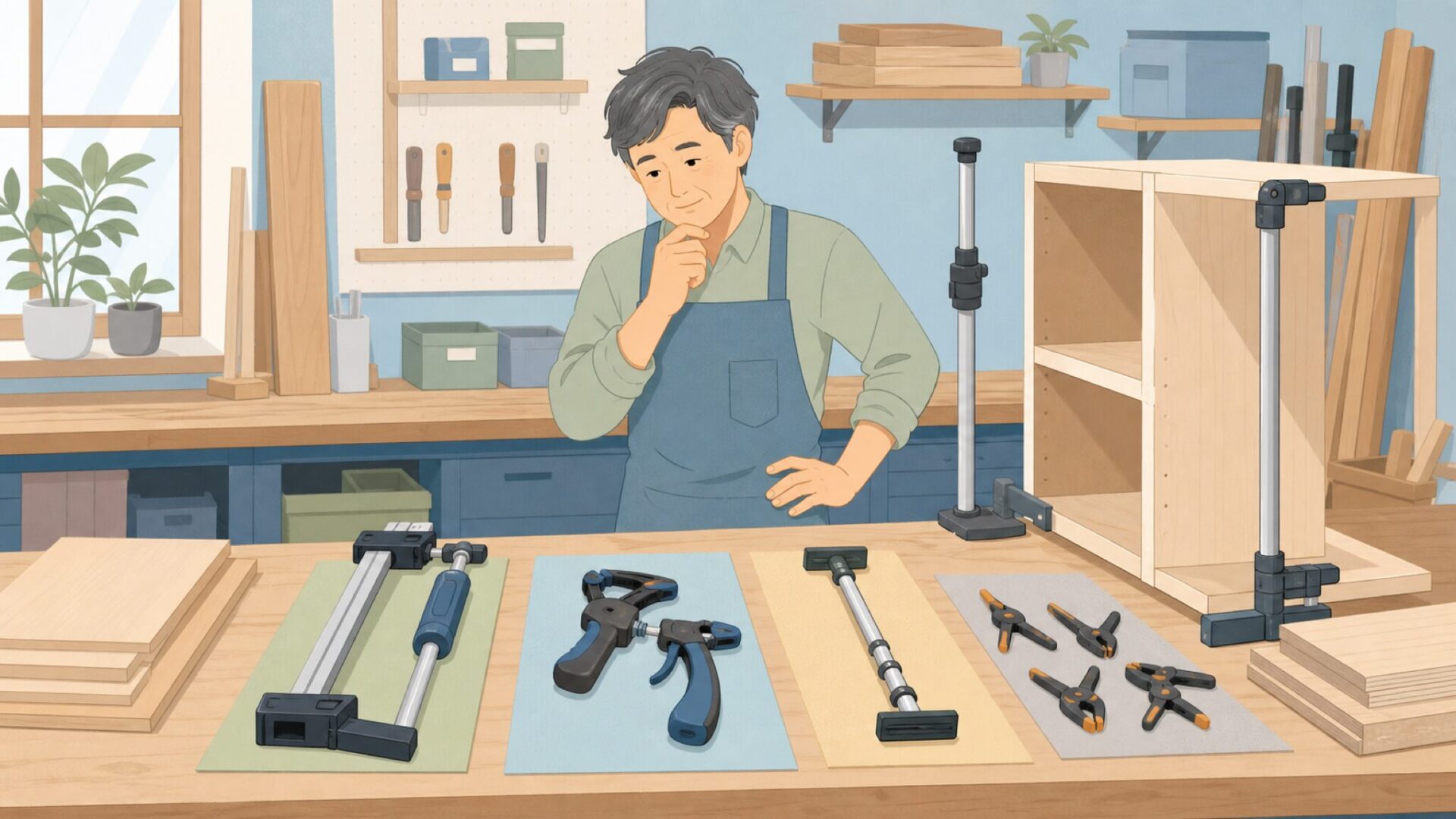 作業に合わせて工具を選ぶ木工ワークショップ