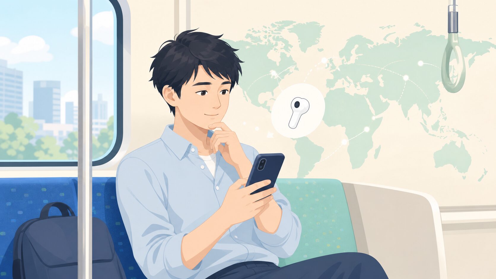 通勤電車でEdifier NeoBudsを発見し検索する若い男性のイラスト