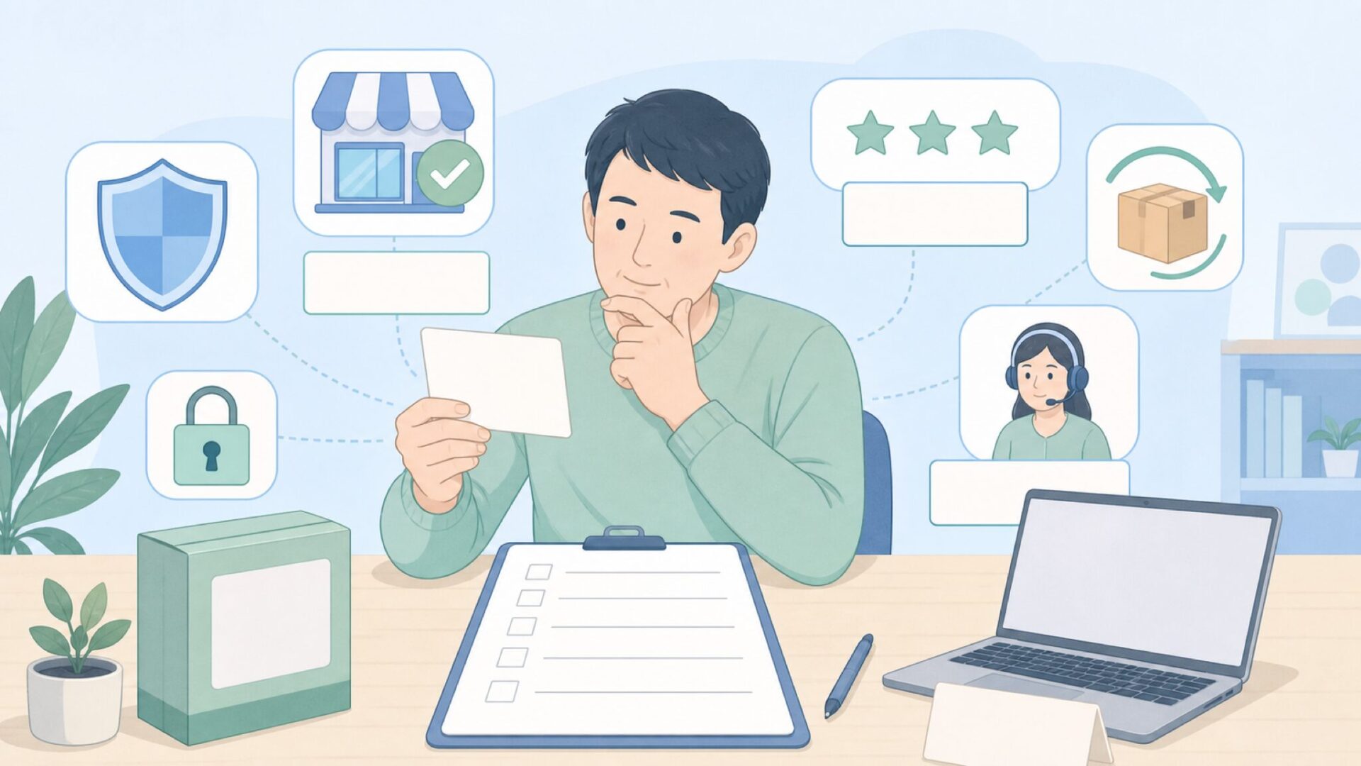 購入前の信頼性チェックを行うイラスト