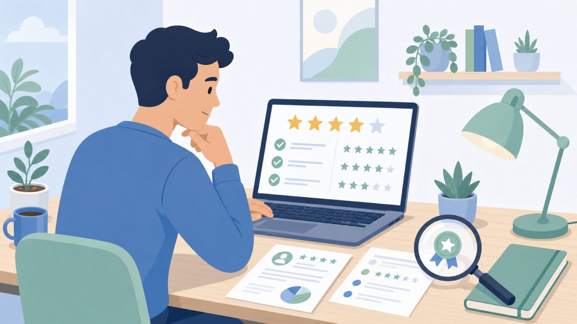 レビューや企業情報でブランド信頼性を確認する男性のイラスト