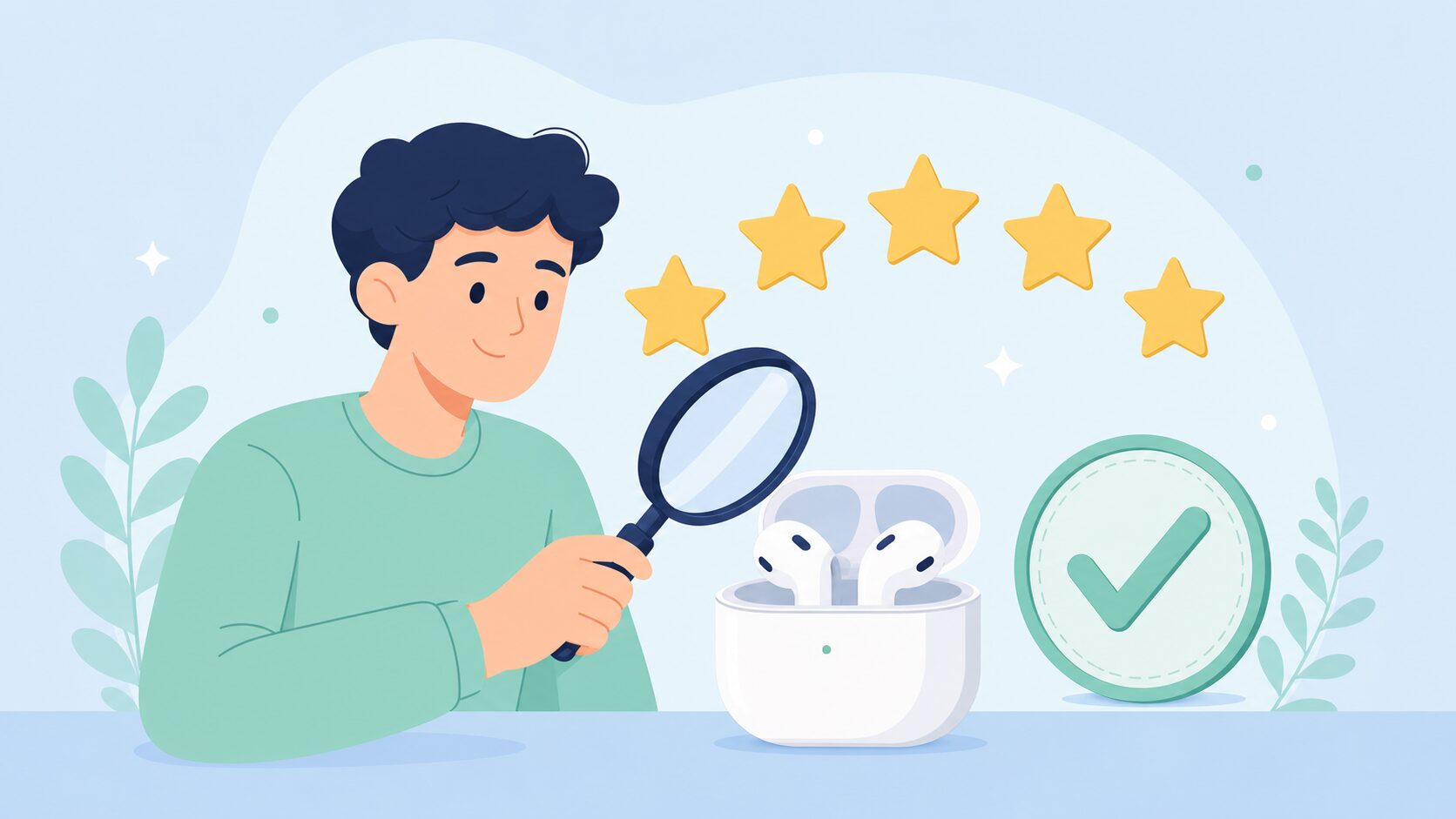 製品を虫眼鏡で検証し評価を確認する人物のイラスト