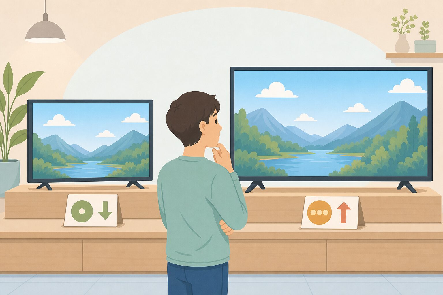 価格タグのついた2台のテレビを比較する人物のイラスト