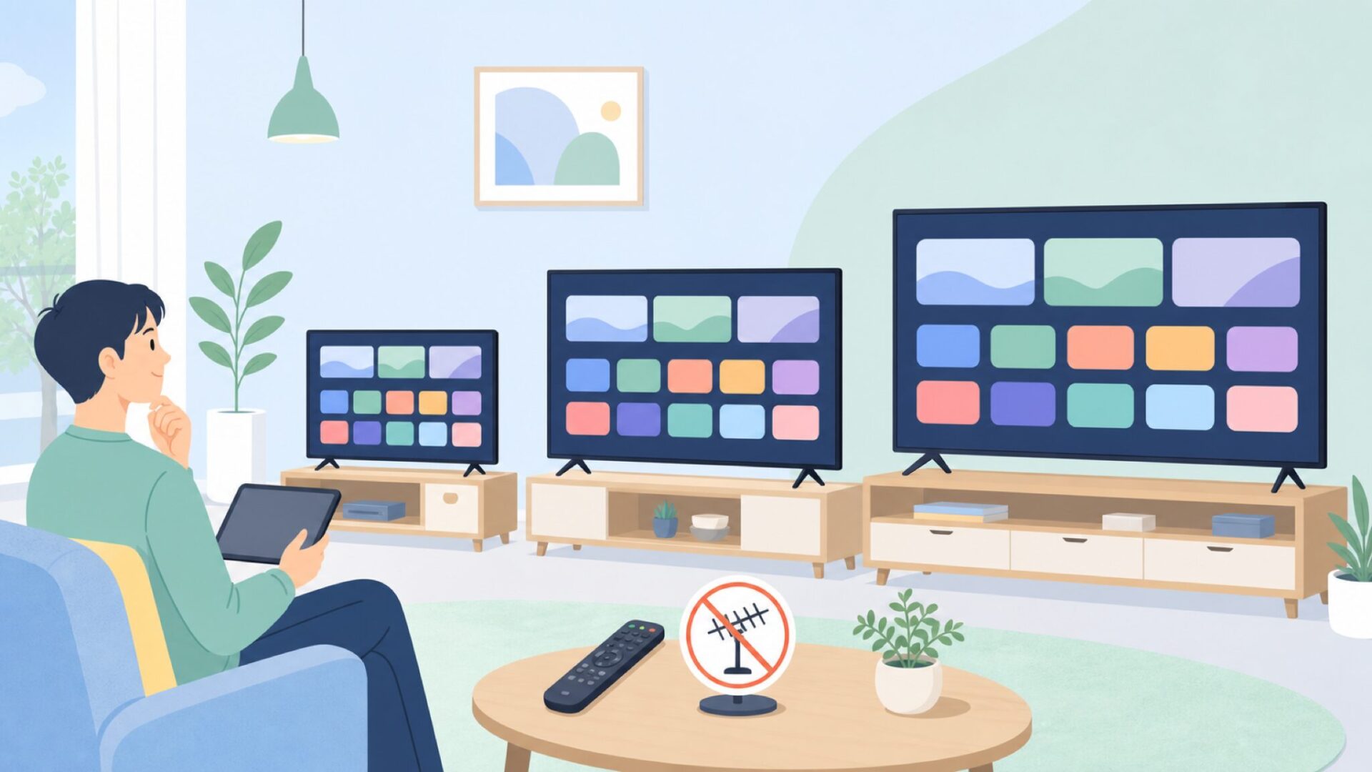 複数サイズのスマートテレビを比較するイラスト