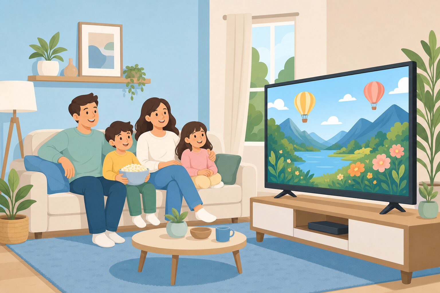 家族がリビングでテレビを楽しく視聴しているイラスト