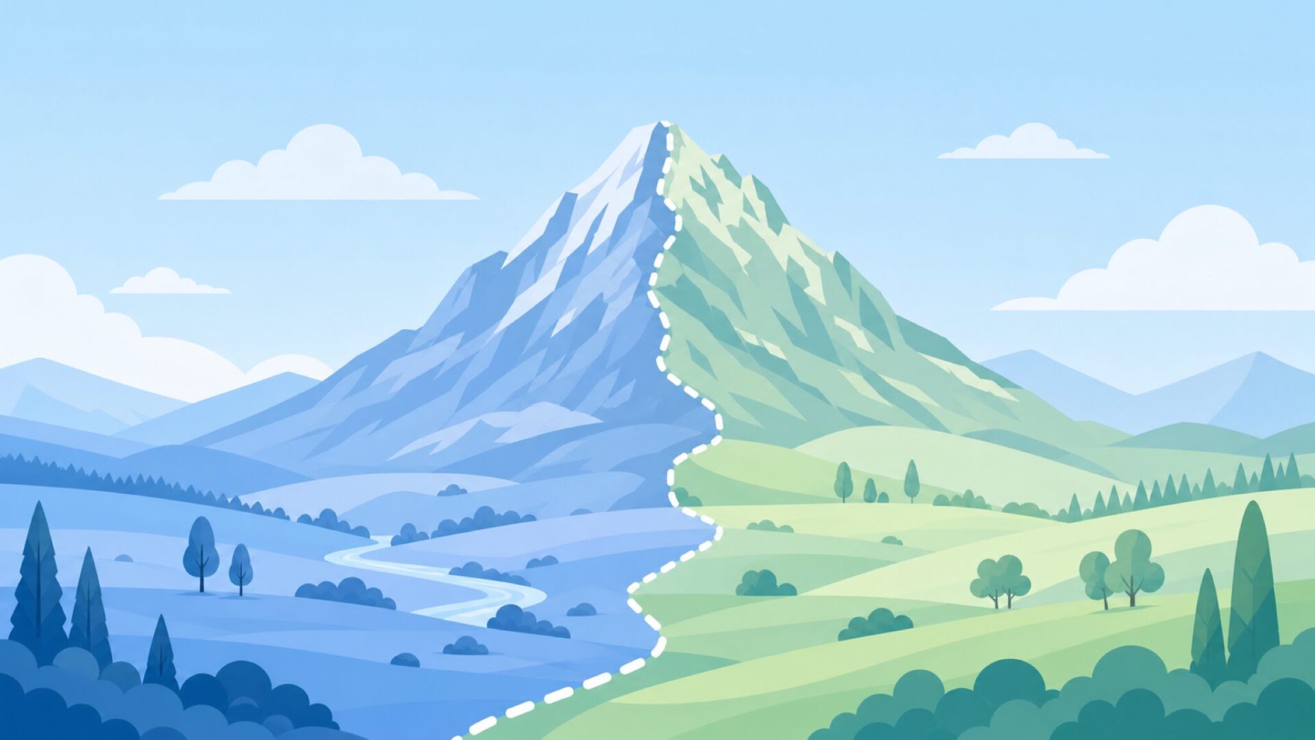 山頂を境に2国が接するイメージのフラットイラスト