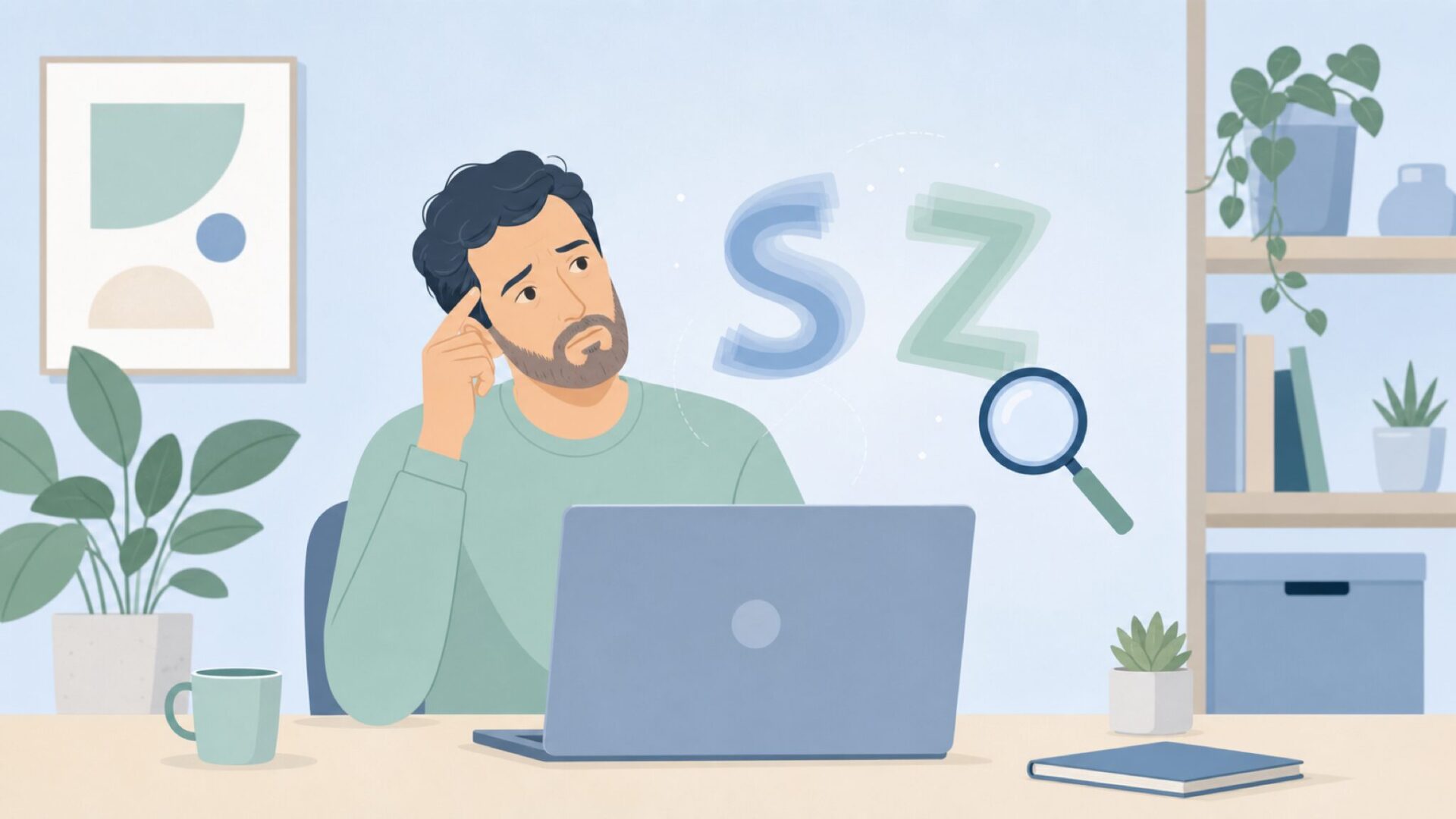 EpozとEPOSの綴り違いに戸惑う男性の様子