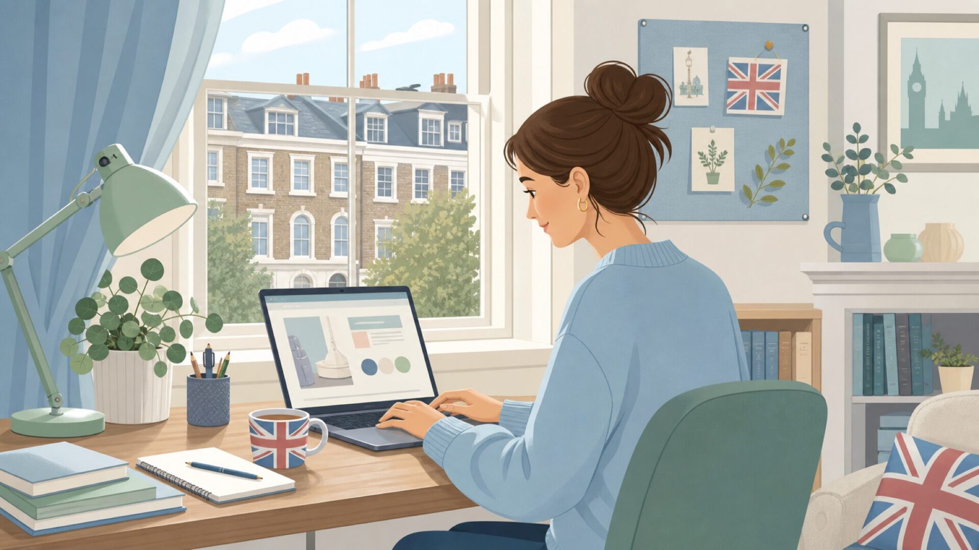 ロンドン風の部屋でブランド情報を調べる人のフラットイラスト