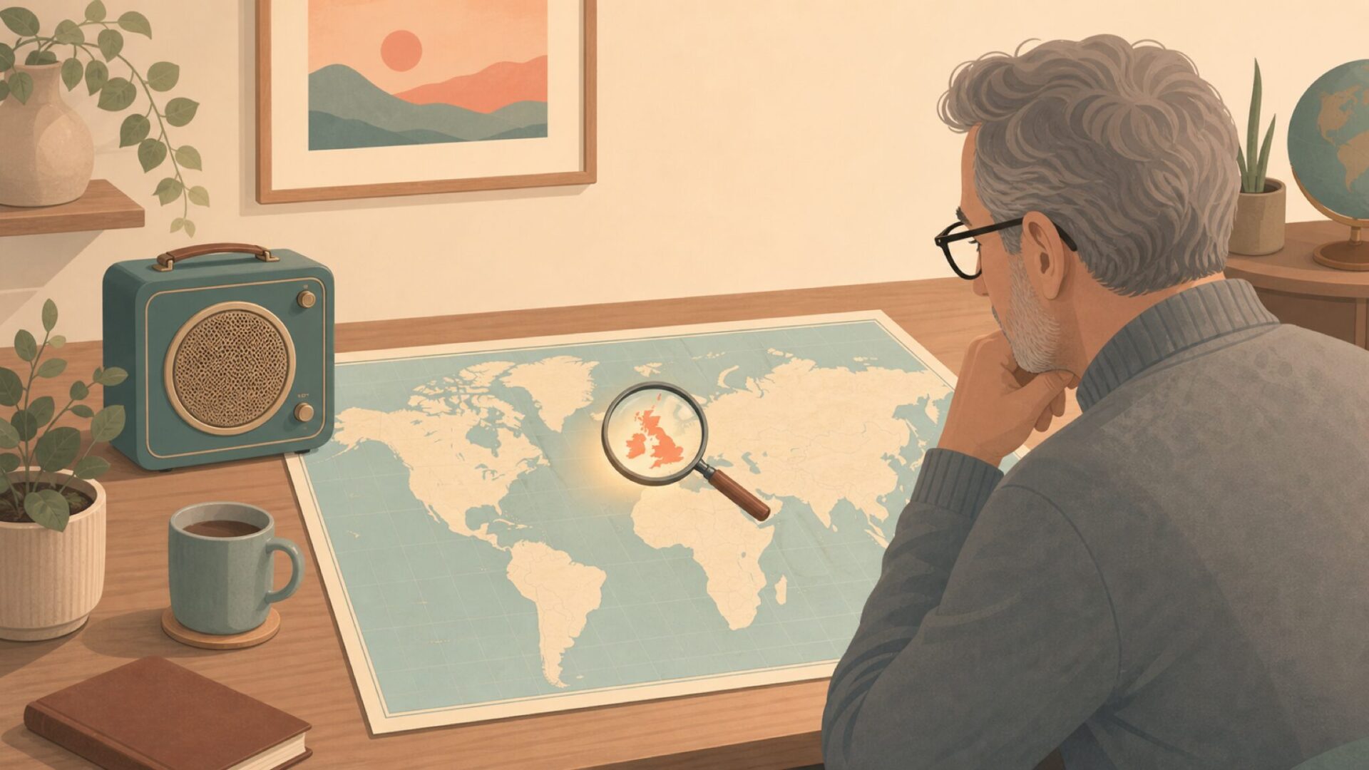 世界地図でイギリスを示す男性のイラスト