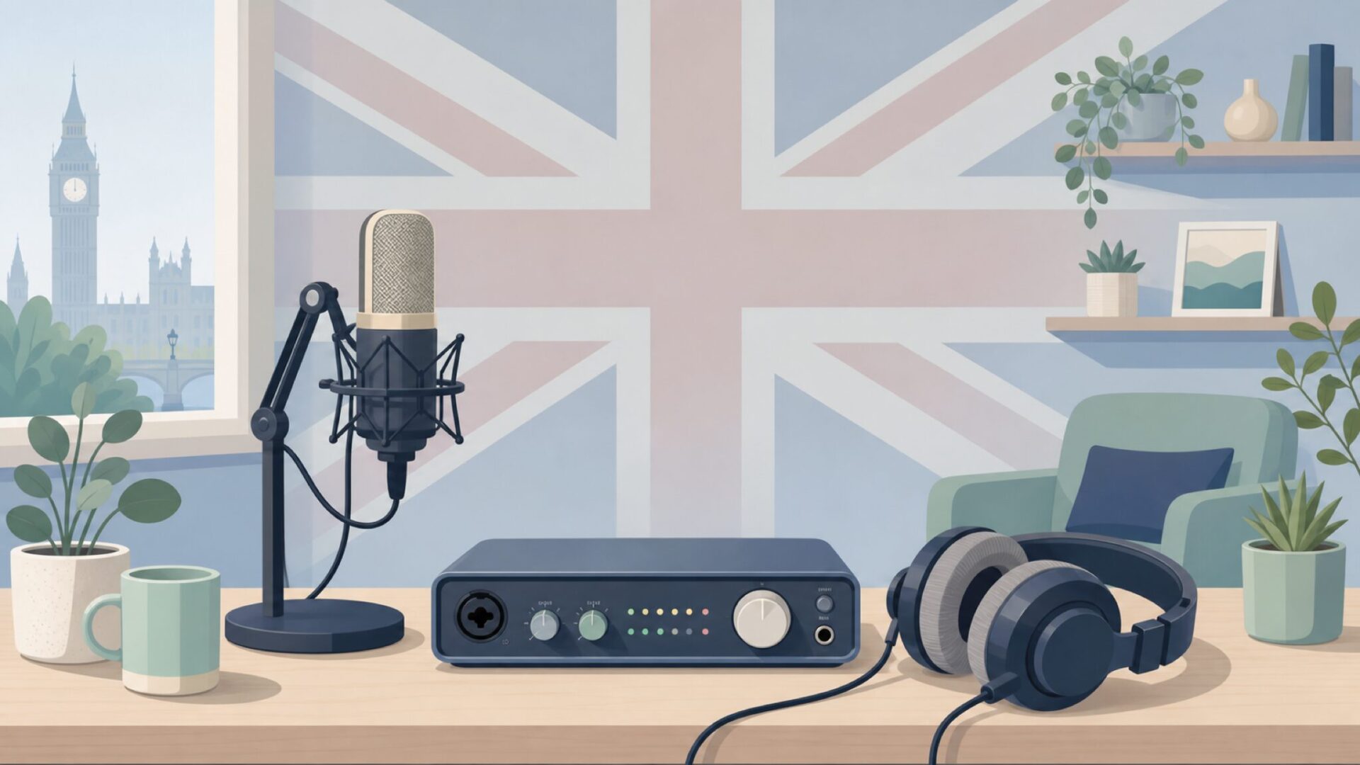 イギリス国旗モチーフとレコーディングスタジオデスクのイラスト