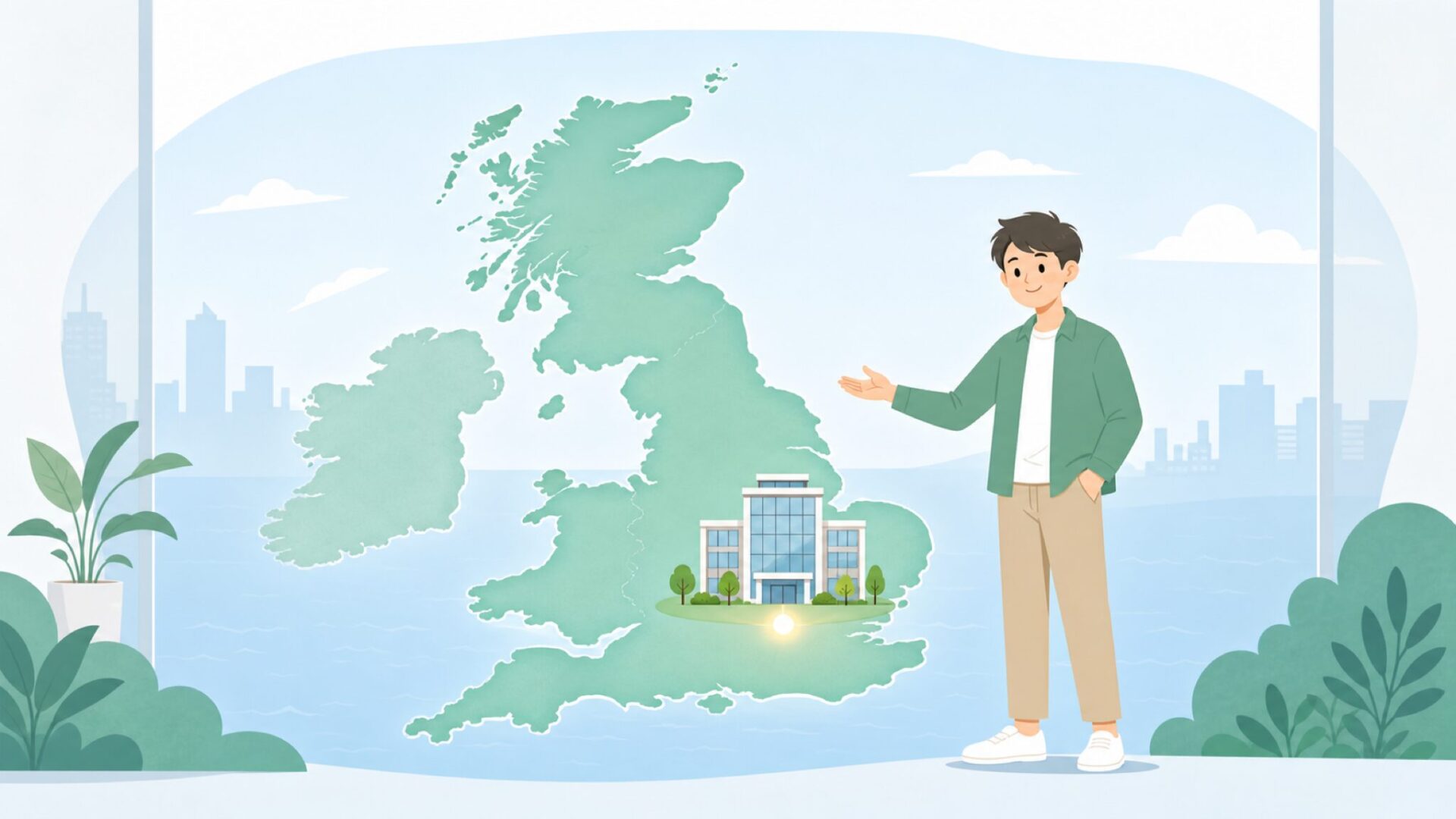 イギリスの地図とロンドンを示すブランド本社のイラスト