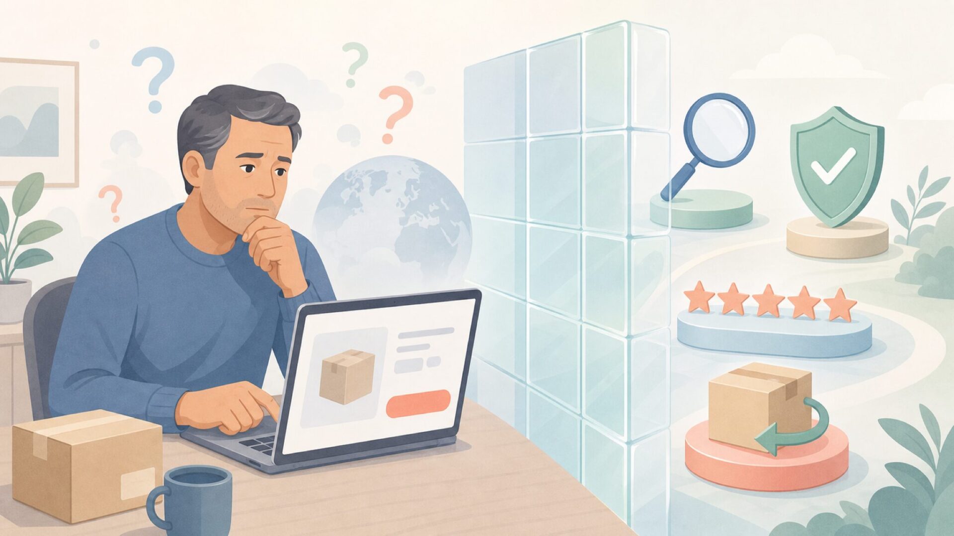不明なブランドへの不安を整理するイラスト