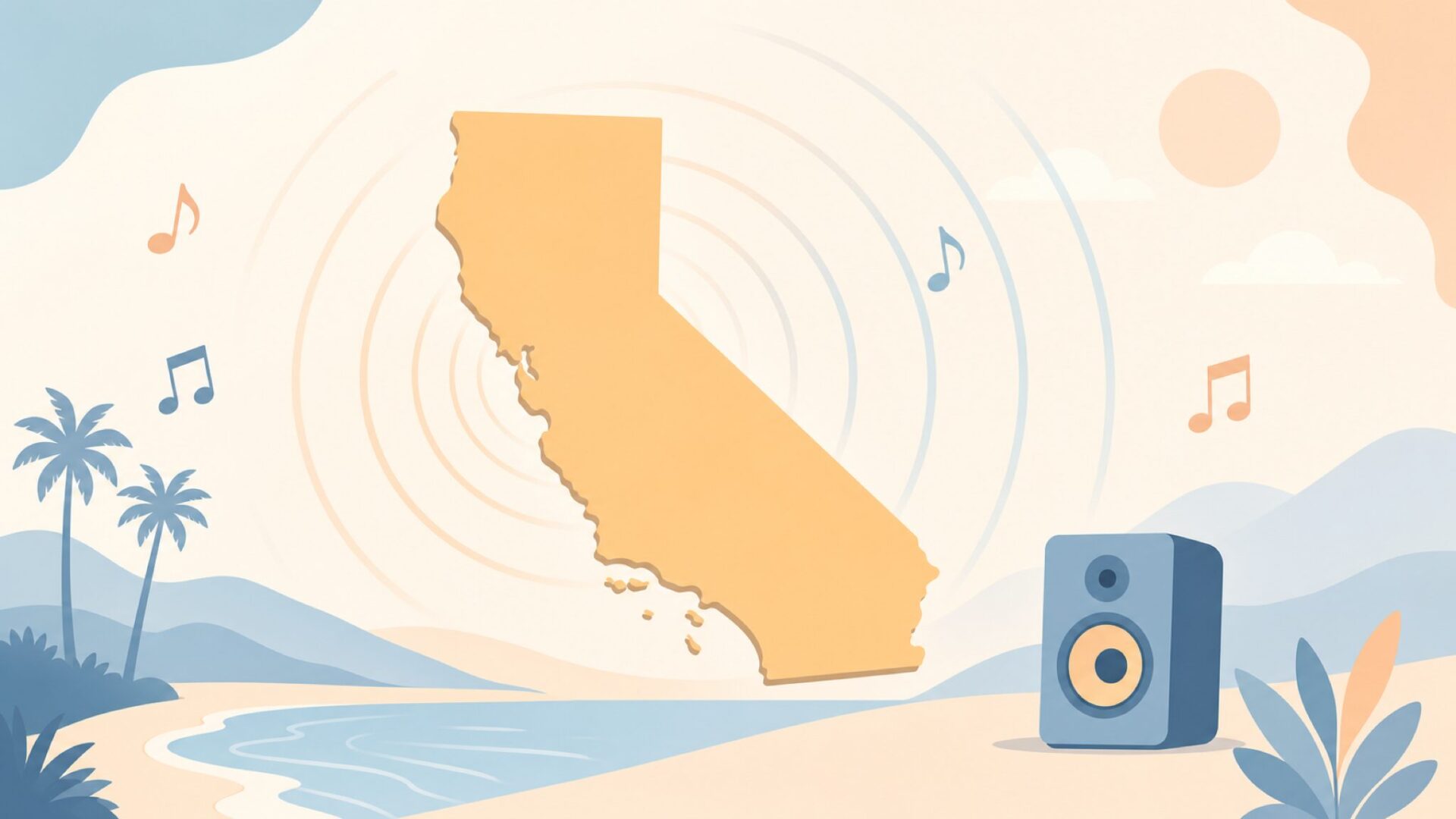 カリフォルニアから広がる音波とスピーカーアイコンのフラットイラスト