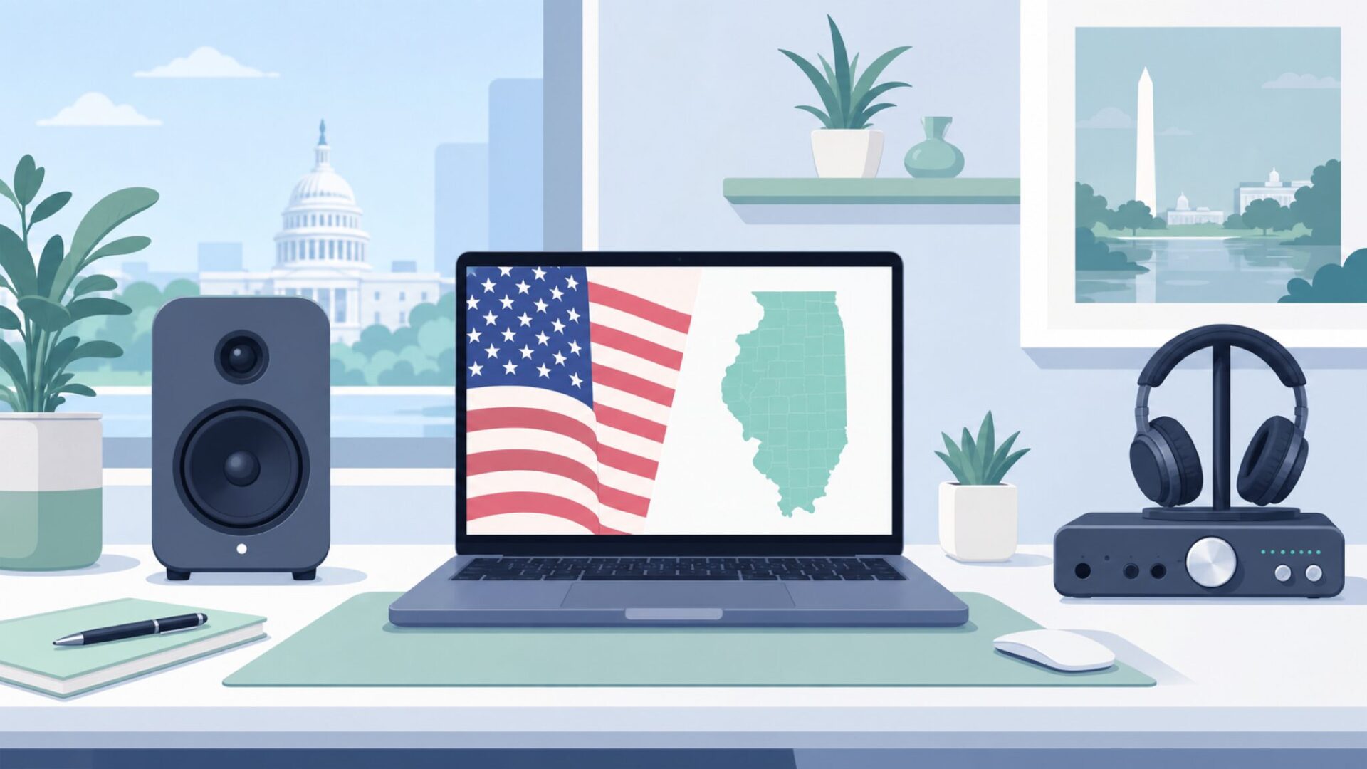 アメリカ発の音響機器ブランドを示すデスクとUSAシンボルのイラスト