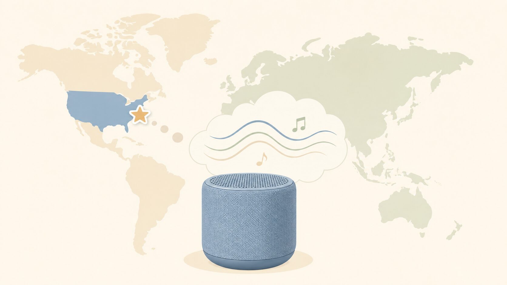 米国地図とBluetoothスピーカーで結論を示すイラスト