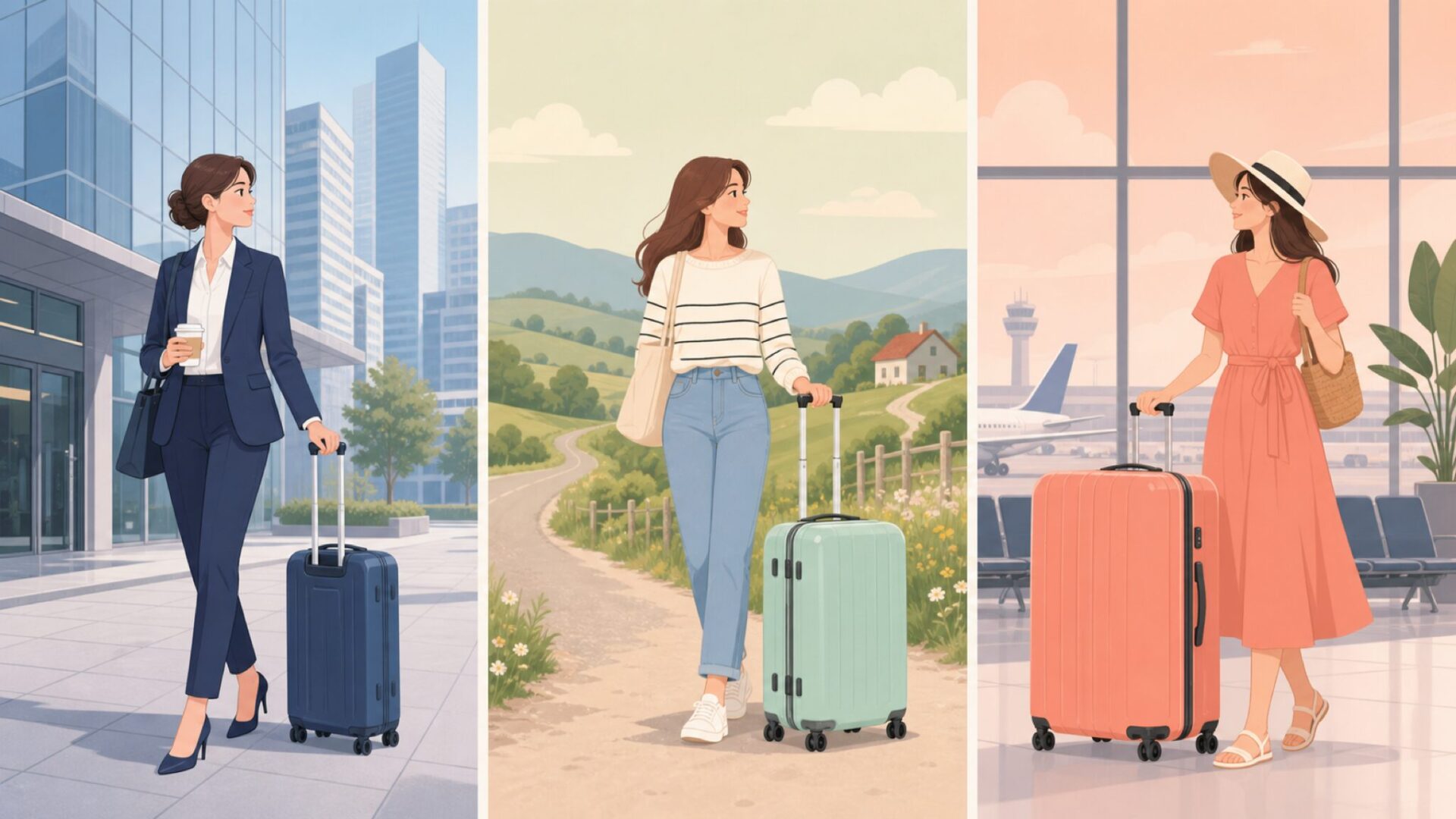 出張・週末旅行・国内旅行の3シーン別にスーツケースを選ぶ女性たちのイラスト