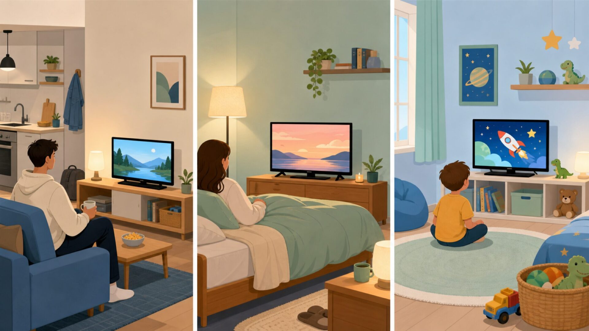 一人暮らし・寝室・子ども部屋の3つのTV利用シーンのイラスト