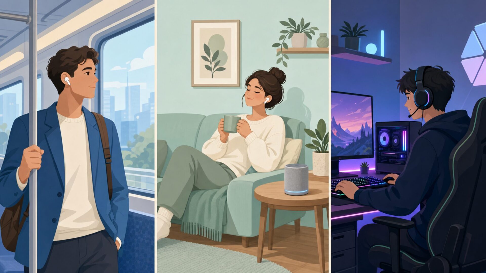 通勤・在宅・ゲームの3シーンに分かれたオーディオ利用シーンのイラスト