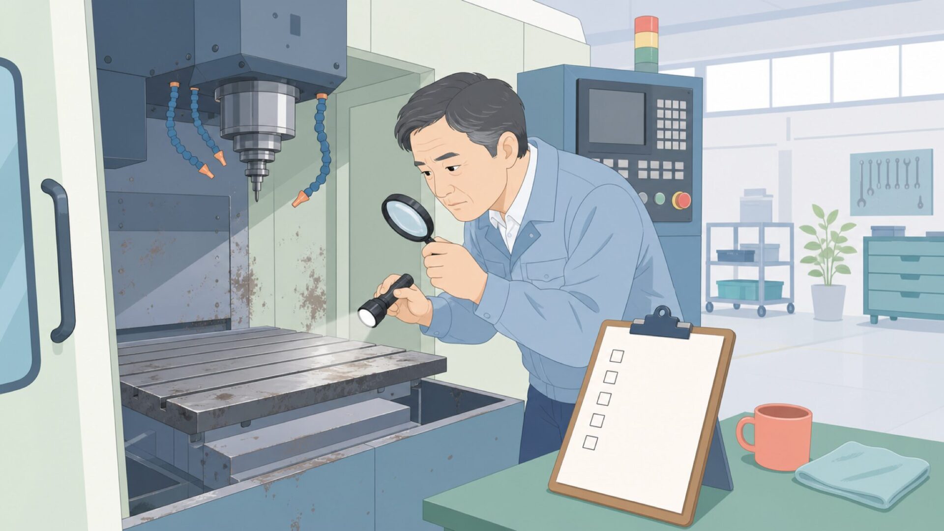 中古輸入工作機械を点検する設備担当者