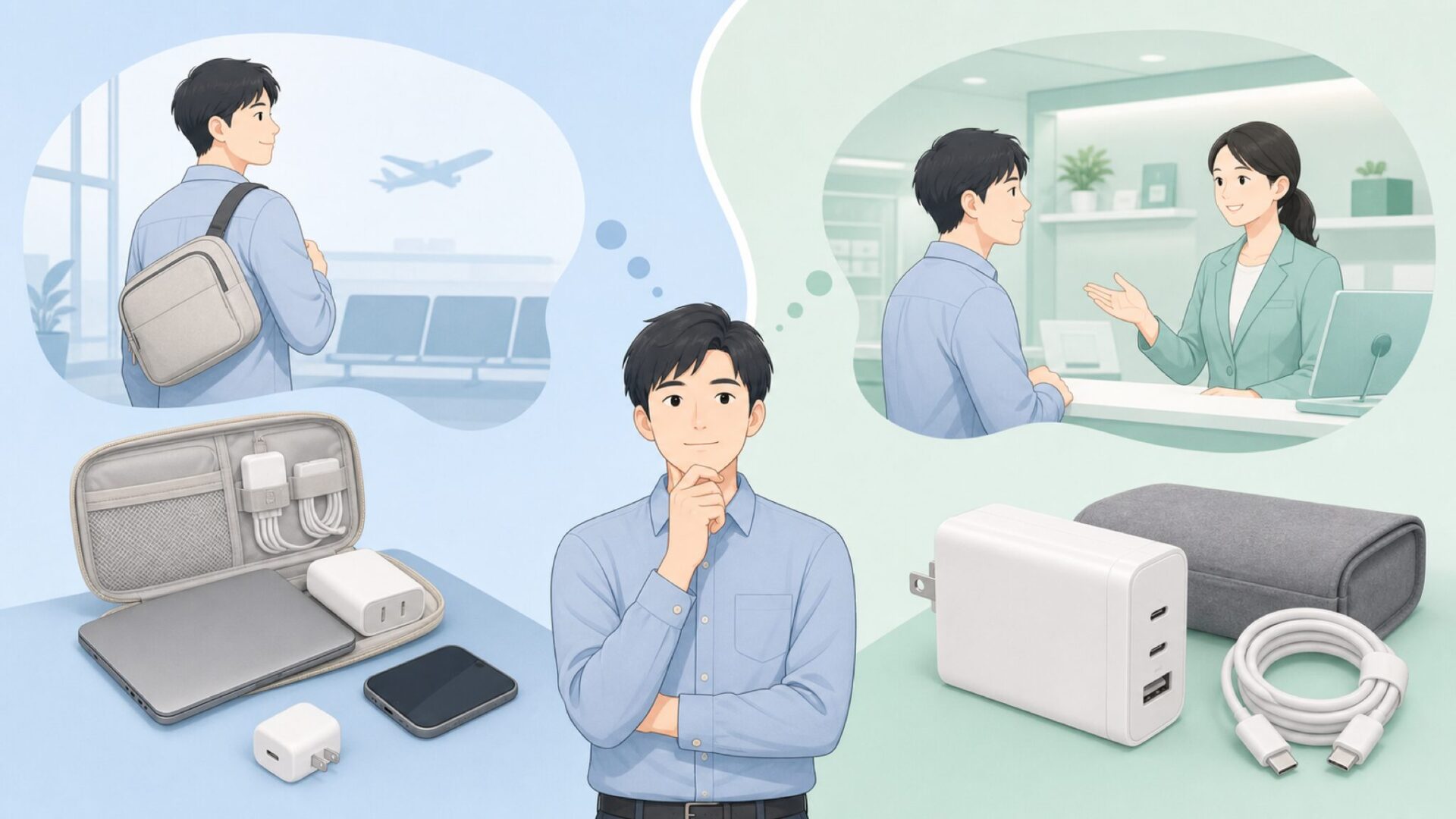 用途に合う製品選びを考える人のイラスト