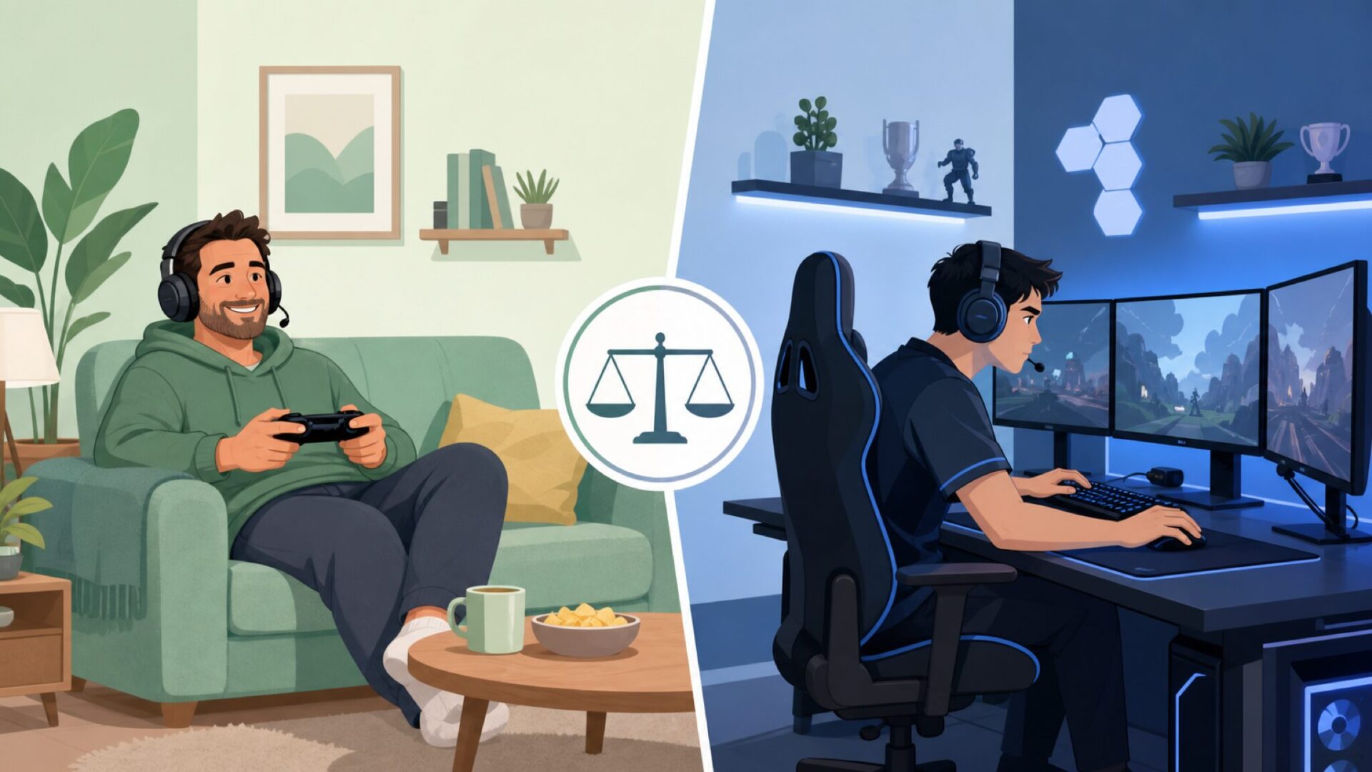 ライトゲーマーとプロゲーマーを比較するイラスト