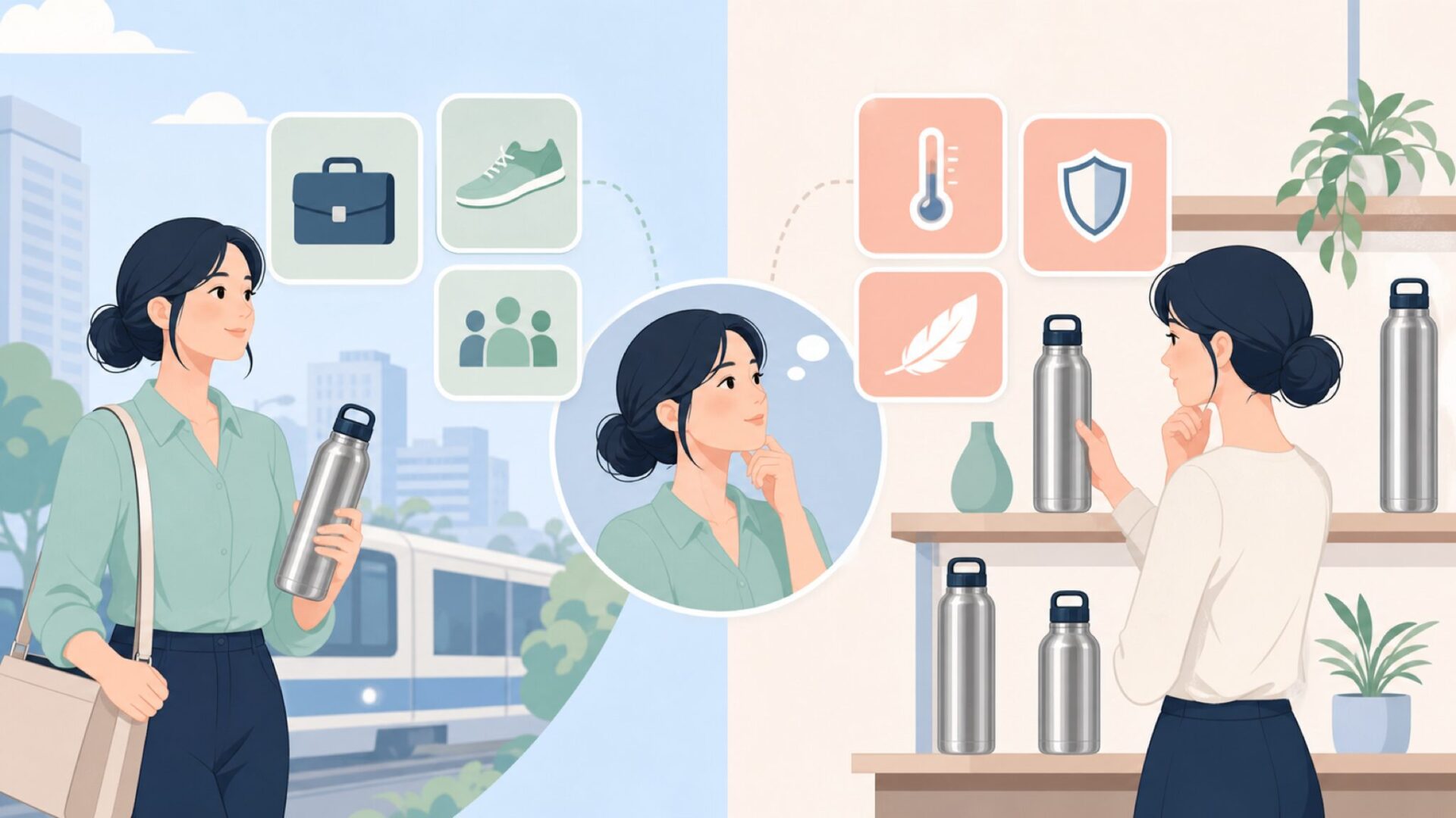 自分に合う水筒を見極めるイラスト
