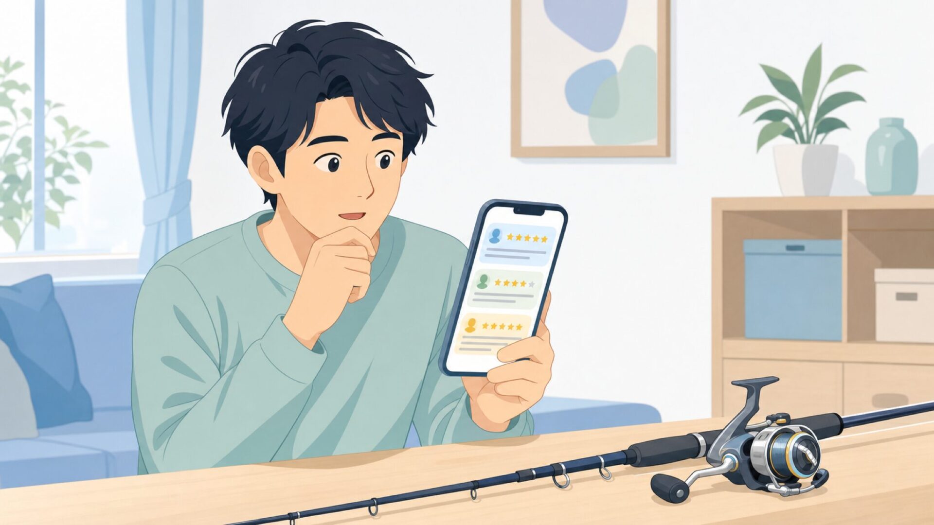 スマートフォンでレビューを確認する釣り好きの男性