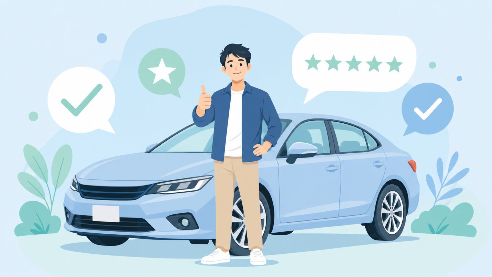 ニットータイヤを装着した車の前で満足するドライバーのイラスト