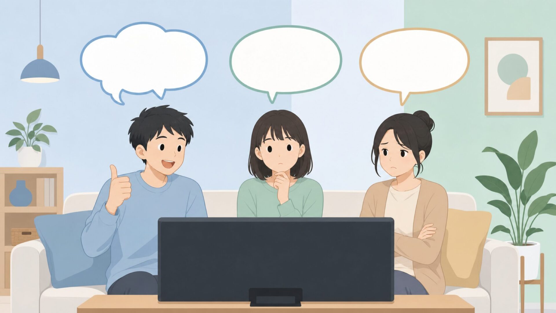 テレビへの異なる反応を示す3人のユーザーのイラスト
