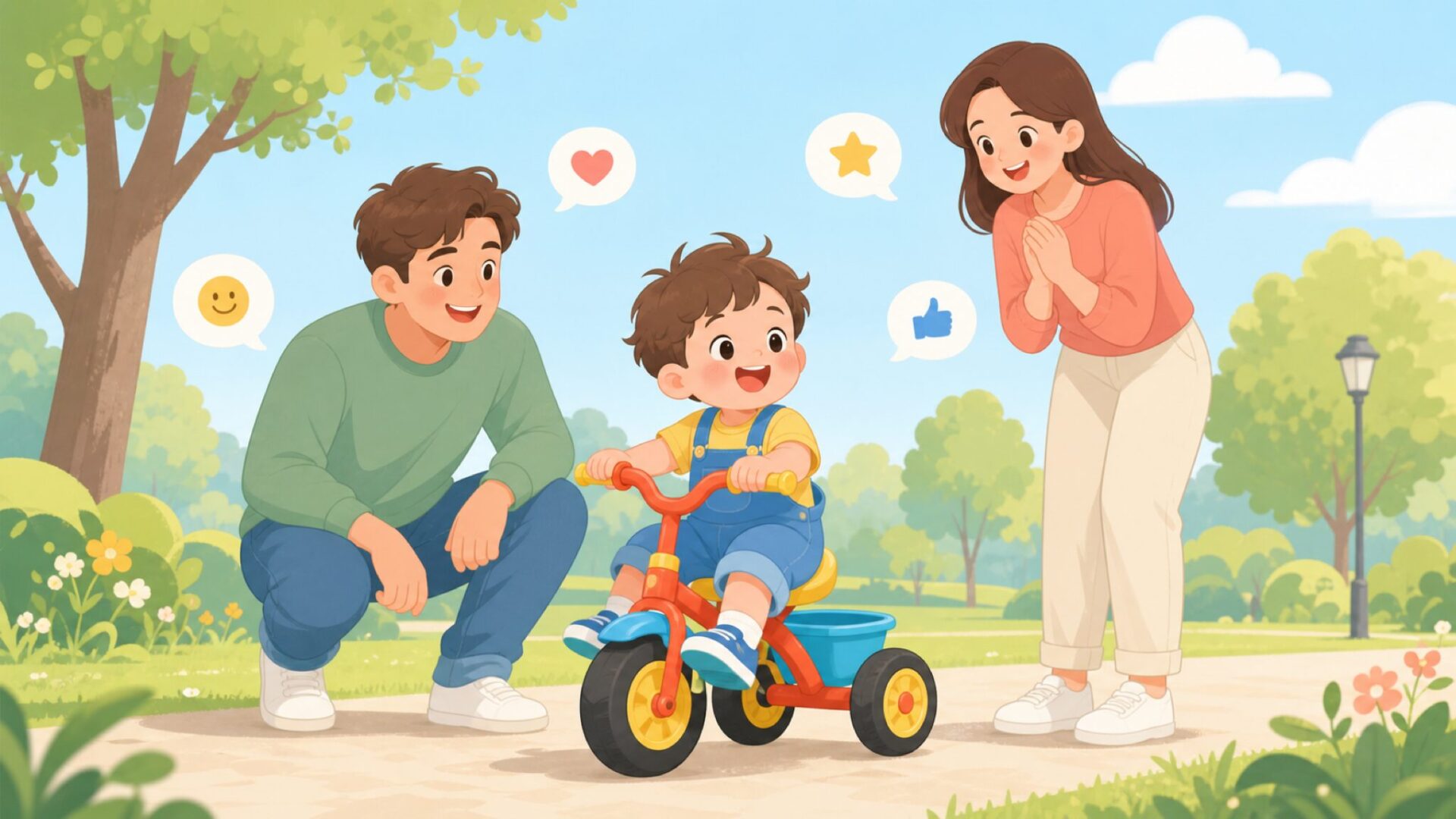 三輪車を喜んで乗る子供と満足そうな保護者のイラスト