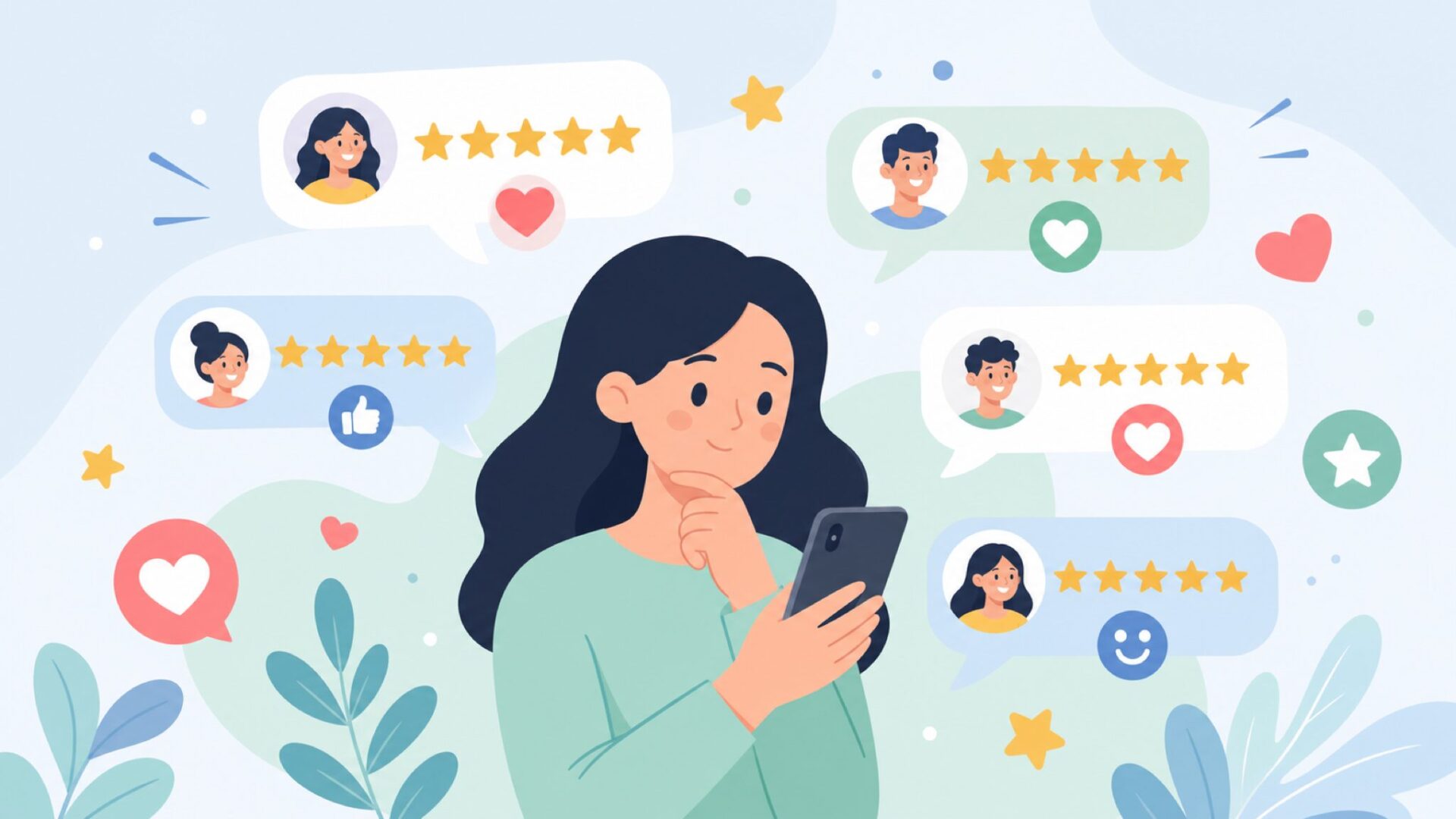 スマートフォンでレビューを読む女性と評価アイコンのイラスト