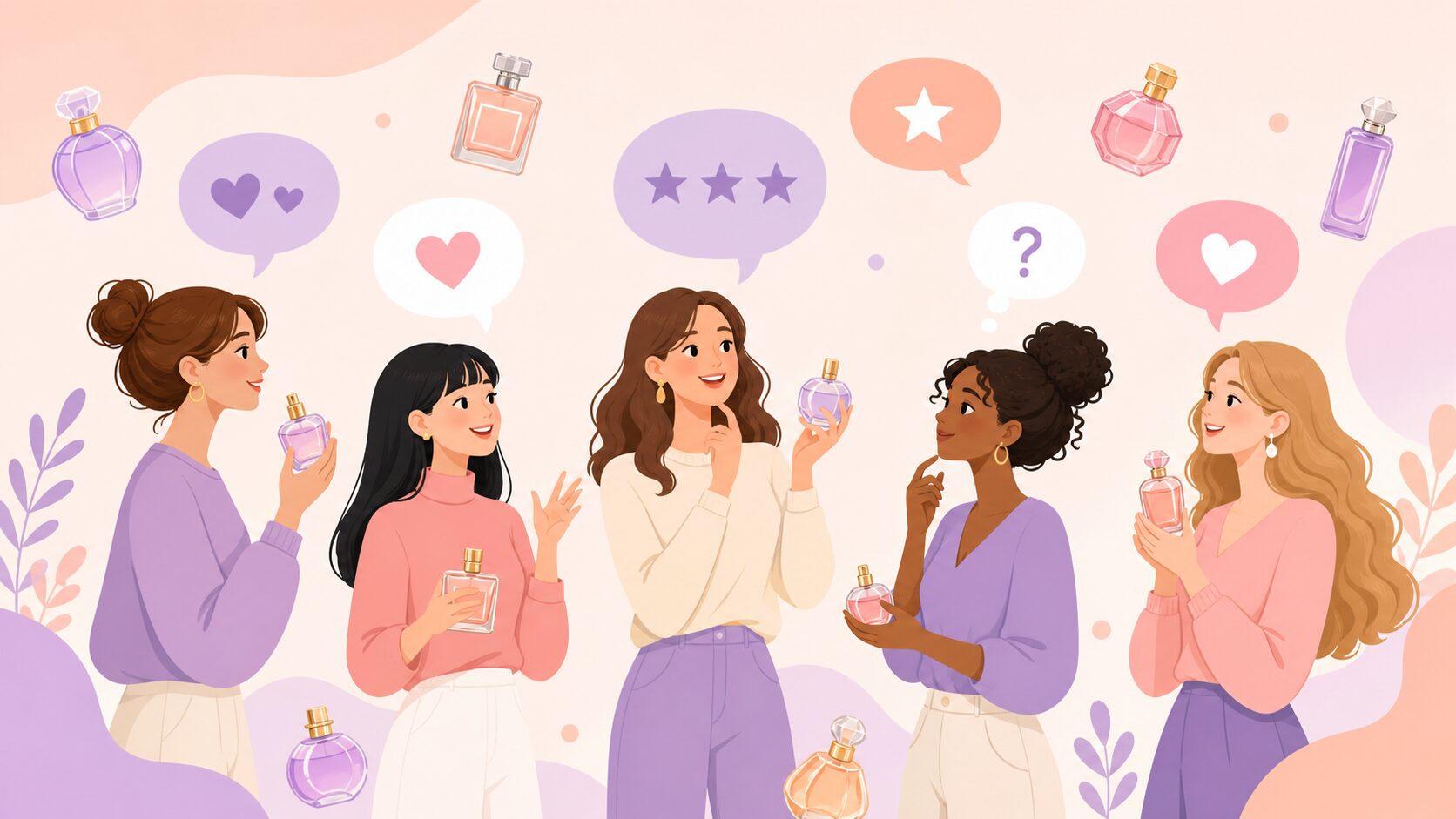 ハートや星の吹き出しを持つ複数の女性たちが香水への感想を共有しているイラスト
