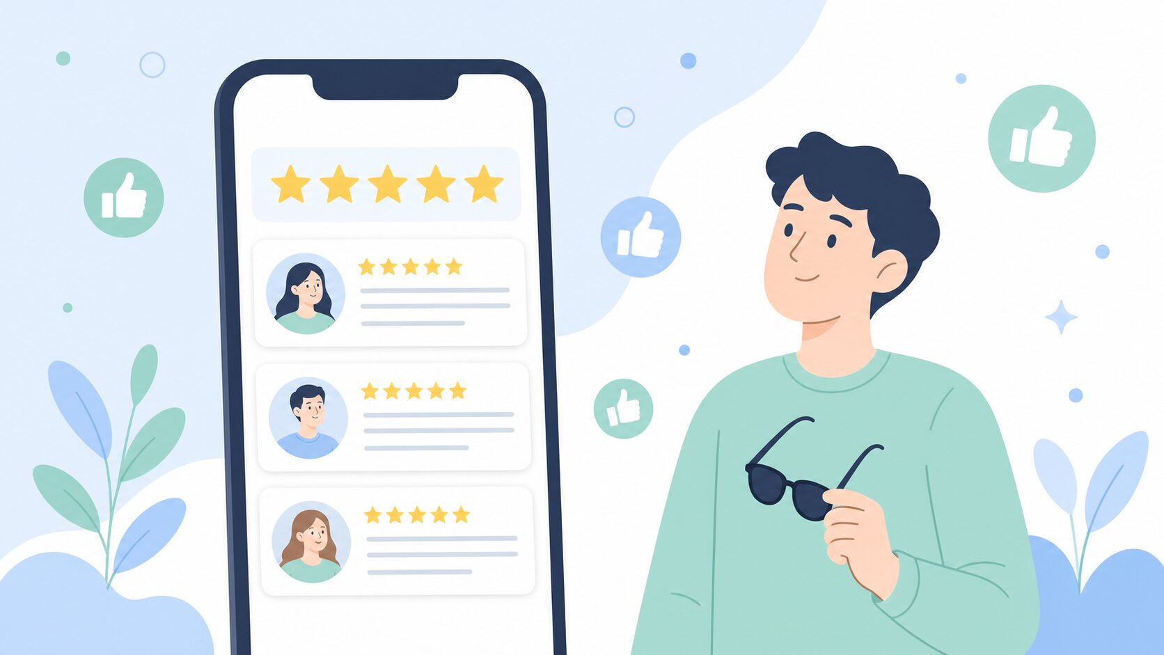 スマートフォンの評価画面とサングラスを持つ満足した男性のイラスト